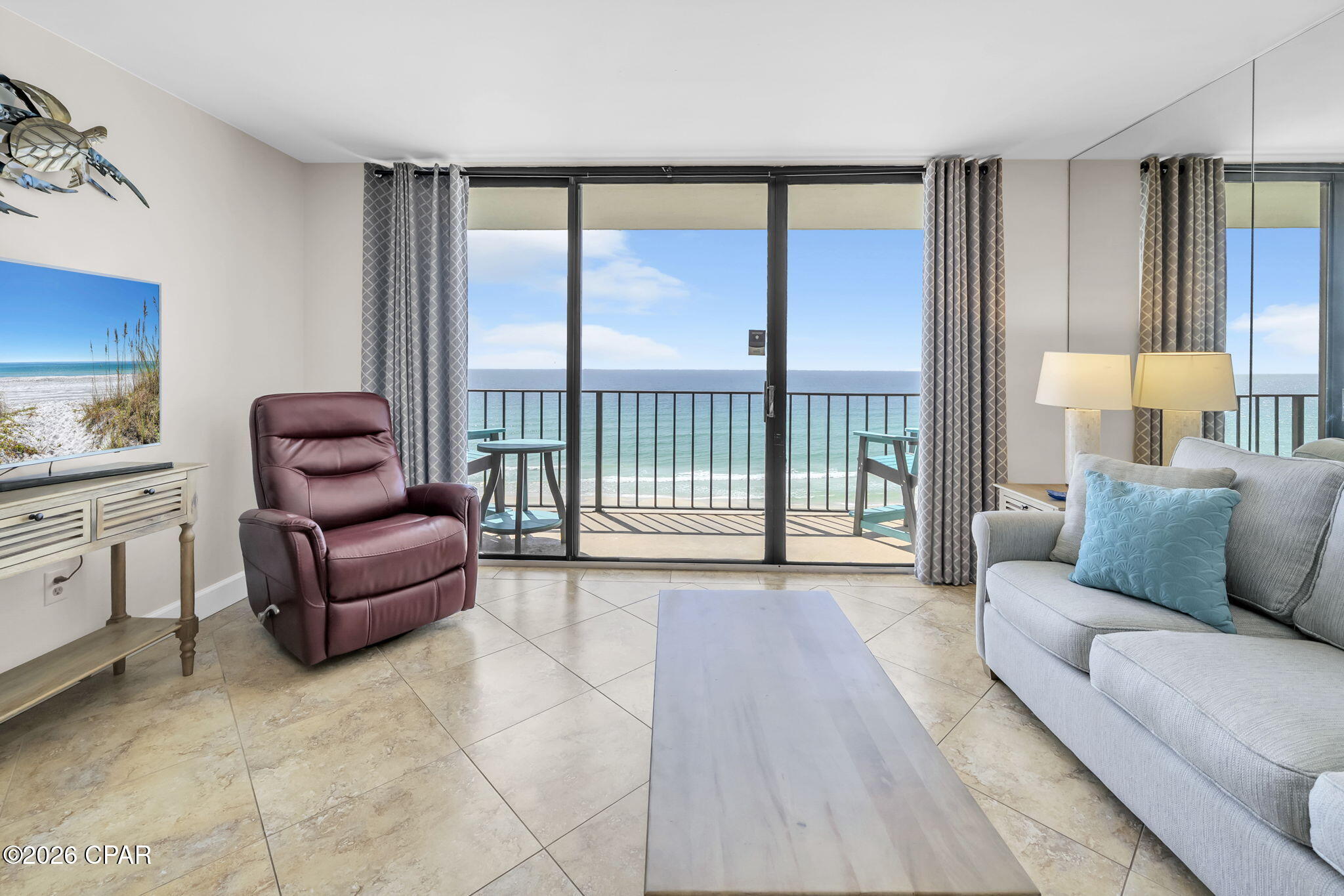 Welcome to Unit 907 -- a fully updated Gulf-front condo offering stunning 9th-floor views and a bright, airy coastal feel. This freshly repainted residence features many new furnishings, popcorn-free ceilings throughout, new ceiling panels in the hallway/closets and all interior doors are solid wood!
The kitchen has been beautifully updated with rich cherry cabinetry, a new backsplash, new recessed lighting, and a large granite island with breakfast seating. The bathroom includes a gorgeous custom walk-in shower, and the unit is equipped with a new full-size stackable washer and dryer -- a highly desirable feature for both full-time living and vacation stays.
Step outside to enjoy the Gulf views from the patio, complete with durable poly-resin outdoor furniture designed for coastal environments. Tower 3 offers its own Gulf-front heated pool and hot tub, adding to the resort-style experience.
Conveniently located in Tower 3, this unit sits just inside the main gate and next to the renowned lagoon pool, providing effortless access to all amenities. Perfect as a primary residence, second home, or vacation rental.