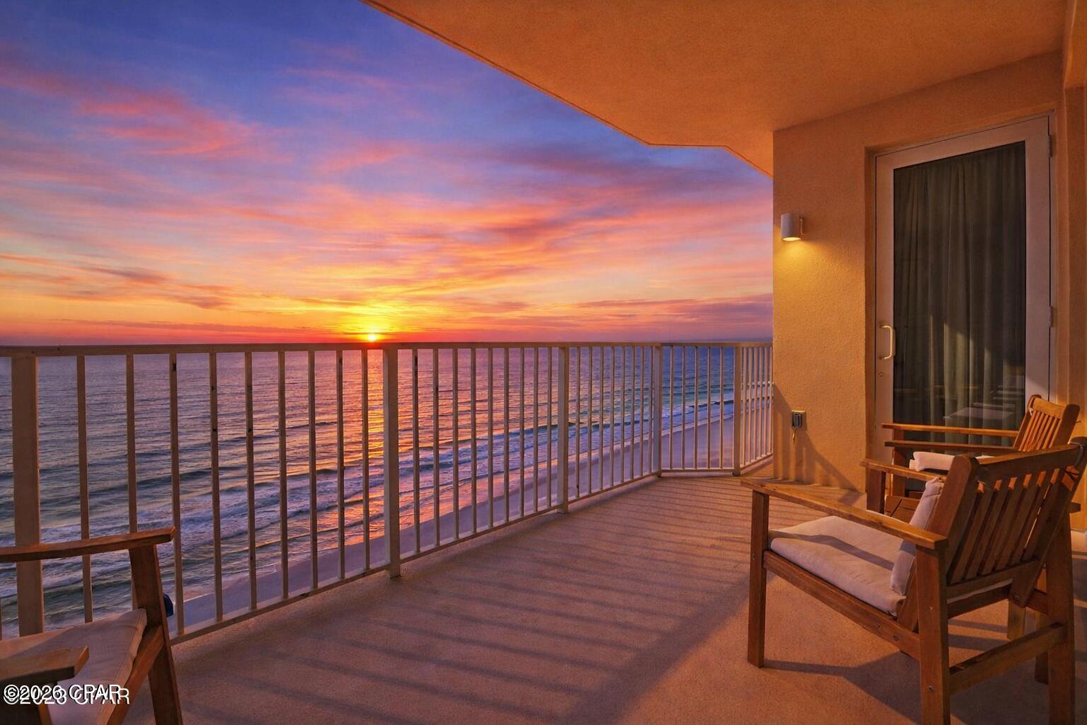 2BR/2BA Gulf-front condo at Boardwalk Central in Panama City Beach. 1,152 sq ft, Gulf-view primary suite, short-term rentals allowed. Built 2005.
This 2 bedroom, 2 bath Gulf-front condominium at Boardwalk Central in Panama City Beach offers 1,152 heated and cooled square feet and direct beach frontage at 9450 S Thomas Drive. Built in 2005 and listed at $477,000, the unit is sold furnished, allows short term rentals, and offers immediate occupancy. Located on the 12th floor of a 22 story high rise, Unit 1209C is positioned to balance view height with practical access, giving buyers evaluating investment property, second home, or full time residence options a clear combination of Gulf exposure and rental flexibility.
Inside, the layout is designed for durability and efficient turnover. Tile flooring runs throughout the residence for simplified maintenance after beach days, and crown molding adds a finished look across the main living areas. The kitchen includes granite countertops, an oversized breakfast bar with seating for four, brushed nickel appliances, and a dedicated pantry area. The living area opens directly to the Gulf-front balcony, creating a continuous indoor outdoor flow supported by floor to ceiling glass and dedicated outdoor space overlooking the shoreline.
The primary bedroom opens directly to the Gulf with approximately 16 feet of floor to ceiling glass framing shoreline views. The ensuite bath includes a double vanity, separate shower, jetted tub, and walk in closet. The guest bedroom is positioned separately from the primary suite, supporting privacy for owners and guests. A stackable washer and dryer are included, allowing immediate personal use or rental readiness.
Boardwalk Central is a gated Gulf-front complex with 24 hour security and a structured amenity package. The oversized free form pool, multiple hot tubs, heated features, sun decks, splash pad area, community room, grilling areas, and direct beach access create a setting designed for both recreation and guest appeal. Onsite rental management operates from the lobby level, supporting owners who choose professional rental oversight. Quarterly HOA dues of 3,347.67 include accounting, cable TV, gas, insurance, internet, legal, maintenance grounds and structure, management, pest control, security, sewer, trash, and water, consolidating many recurring ownership expenses.
Positioned on S Thomas Drive near the convergence of Thomas Drive and US Highway 98, the location offers access to shopping, dining, entertainment, and St. Andrews State Park while maintaining direct Gulf frontage. For buyers comparing furnished, rental eligible Panama City Beach condominiums built in the mid 2000s, this Boardwalk Central residence delivers documented square footage, established amenities, and true beachfront placement in a professionally managed high rise environment.