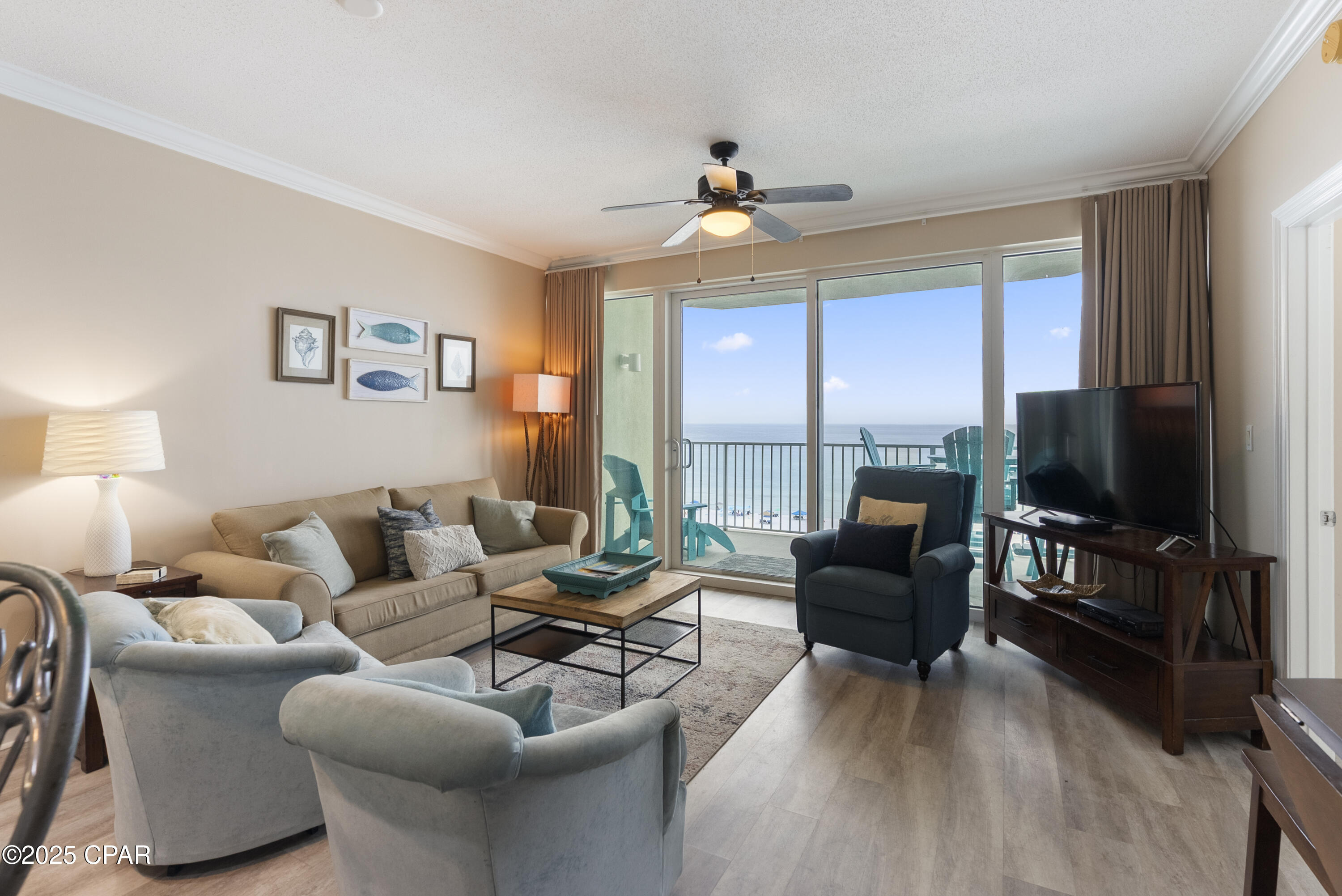Western oriented 2BR/2BA ON THE 5TH FLOOR. PERFECT ELEVATION - NOT TOO HIGH AND NOT TOO LOW! This one-of-a-kind and rarely available property conjures up images of sun-splashed days of swimming, biking, and relaxing. The 1152sqft 2Bed/2Bath floorplan is super-efficient and lives like a beach house but comes with all the benefits of owning a condo. New Luxury vinyl plans flooring throughout and conveys fully furnished with window treatments and artwork. Boardwalk 509 invites you to lie back, relax, and enjoy panoramic views of the pool, beach, and ocean. Open floorplan and floor to ceiling windows allow for fabulous Gulf and sunset views from the unit's unique, oversized balcony, living room, dining room, kitchen, & master suite, providing the ultimate alfresco living and entertaining environment! Sunset views from this generous, private, ''bump-out'' balcony are a perfect end to a sunny day and beginning to an exciting evening - enjoy both privacy and 180 degree views! The not to high, not too low elevation keeps you connected to the beach experience! MASTER SUITE is front and center on the beach with direct access to the main balcony. Literal wall of floor ceiling glass in the Master offers world class views. Ensuite bath complete with double vanity, garden tub, separate shower, and large walk-in closet. The master suite also opens directly to main balcony. SECOND Bedroom is large and attached to second bath which can be accesses directly from the second bedroom and hallway. LUXURY! COMFORT! CONVENIENCE!! EXCELLENT RENTAL INCOME POTENTIAL. Turnkey income producer! Meticulously maintained and in excellent condition. Enjoy the good life at the Boardwalk Beach Resort with an unparalleled deck of resort style amenities including two levels of parking adjacent to the building (not across the street); beautiful grounds with a pool, spa, kiddie water play area, tiki beach bar, & so much more. Rental income potential is a big drawing card for Boardwalk Beach Resort Buyers. The Convention Center sponsors events that bring guests to Boardwalk Beach & its reputation with the vacationers brings repeat & new guests every year. Boardwalk as a development has a great aesthetic and is located across from a golf course on a palm tree lined boulevard. All measurements & information is deemed reliable but should be verified if important.
