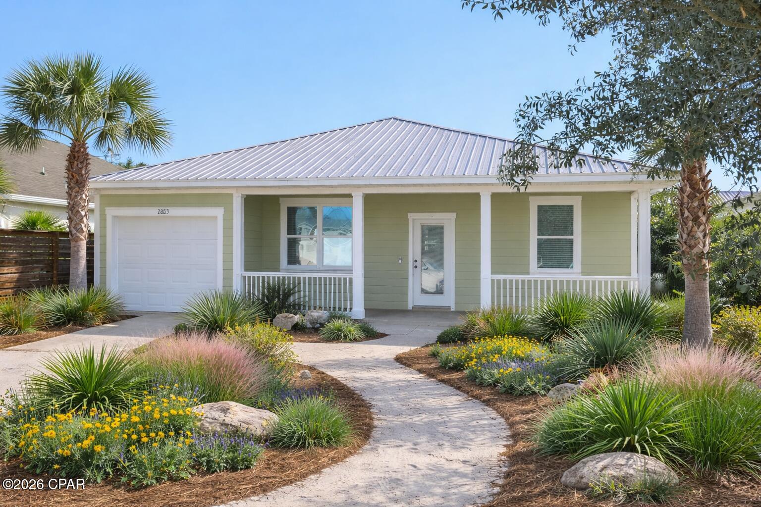 Carpe Diem! 2 Blocks to the Beach - No HOA - Modern Coastal Bungalow! The interior is in great condition, more photos coming soon, don't hesitate to schedule a showing today, this is a good find! Nestled in the highly sought-after West End of Panama City Beach, just 2 blocks from the beach, this 3-bedroom, 2-bathroom bungalow built in 2013 offers the perfect blend of modern comfort and unbeatable location. Whether you're searching for a serene primary residence, a high-performing short-term rental, or the ultimate vacation getaway, this property checks every box. Solid surfacing flooring throughout the interior, walls, paint and baseboards in great condition, bullnose corners, granite counter-tops in kitchen and bathrooms, finished garage, and no Homeowner Association make for easy and stress free Panama City Beach West end living. Privacy fenced back yard has plenty of room for grilling, gardening, or relaxing in the salt air. Interior furniture and furnishings are virtually rendered. Lawn and landscaping is virtually rendered. Seller will consider all offers, including those that include sod and landscaping completion as a condition of sale.