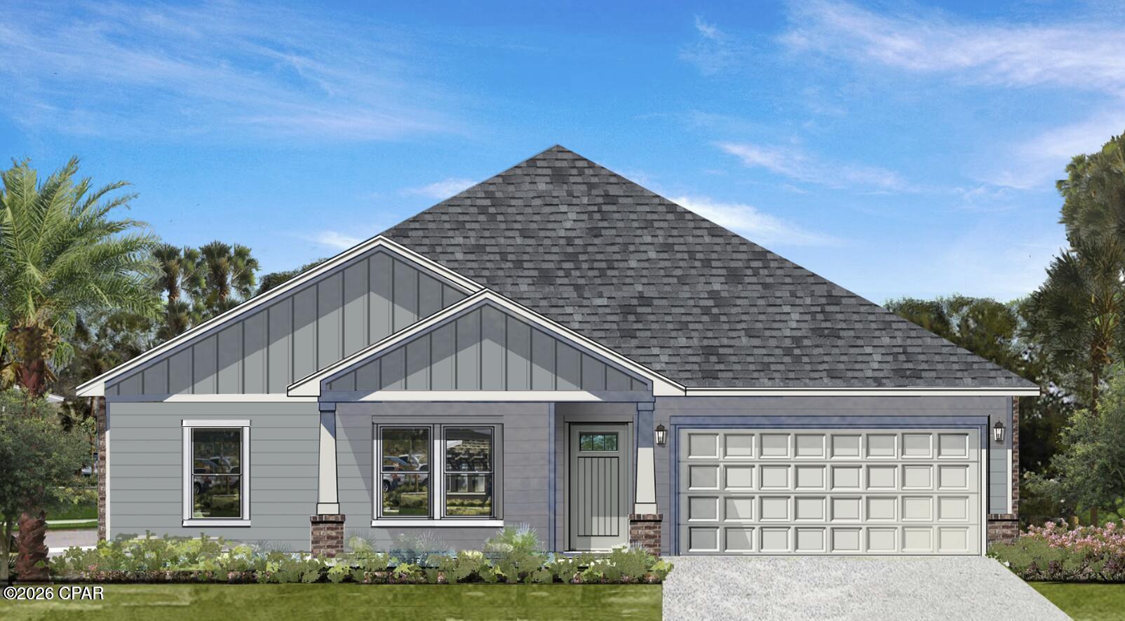 NEW FLOOR PLAN! This home is to be built, completion estimated for Oct/Nov 2026. Nestled in a central location in Panama City, this charming neighborhood has been thoughtfully crafted by local homebuilder Southern Coastal Homes. From the moment you arrive, a beautifully landscaped grand entrance and scenic bridge welcome you into an inviting environment. This community features wide homesites, three-sided brick homes, preserved natural areas, tranquil ponds, future green space, and a walking path for residents to enjoy. Inside this home, you'll find a wide range of high-quality upgrades including a tankless gas water heater, 9-foot ceilings, recessed lighting, painted Hardie-board siding on the front exterior, a gas kitchen range, a gas line ready for an outdoor grill, and a fully sodded yard with a sprinkler system. Tray ceilings enhance the living room and master bedroom, while the master bath includes double vanities, walk-in shower with glass door, a large walk-in closet, and convenient access to the laundry room. Additional features include a utility sink in the garage and a practical drop zone as you enter from the garage. This home is filled with beautiful finishes and thoughtful touches offering comfort, style, and everyday functionality. Buyer to verify any information deemed important. HOME IS TO BE BUILT. Design elements subject to change.