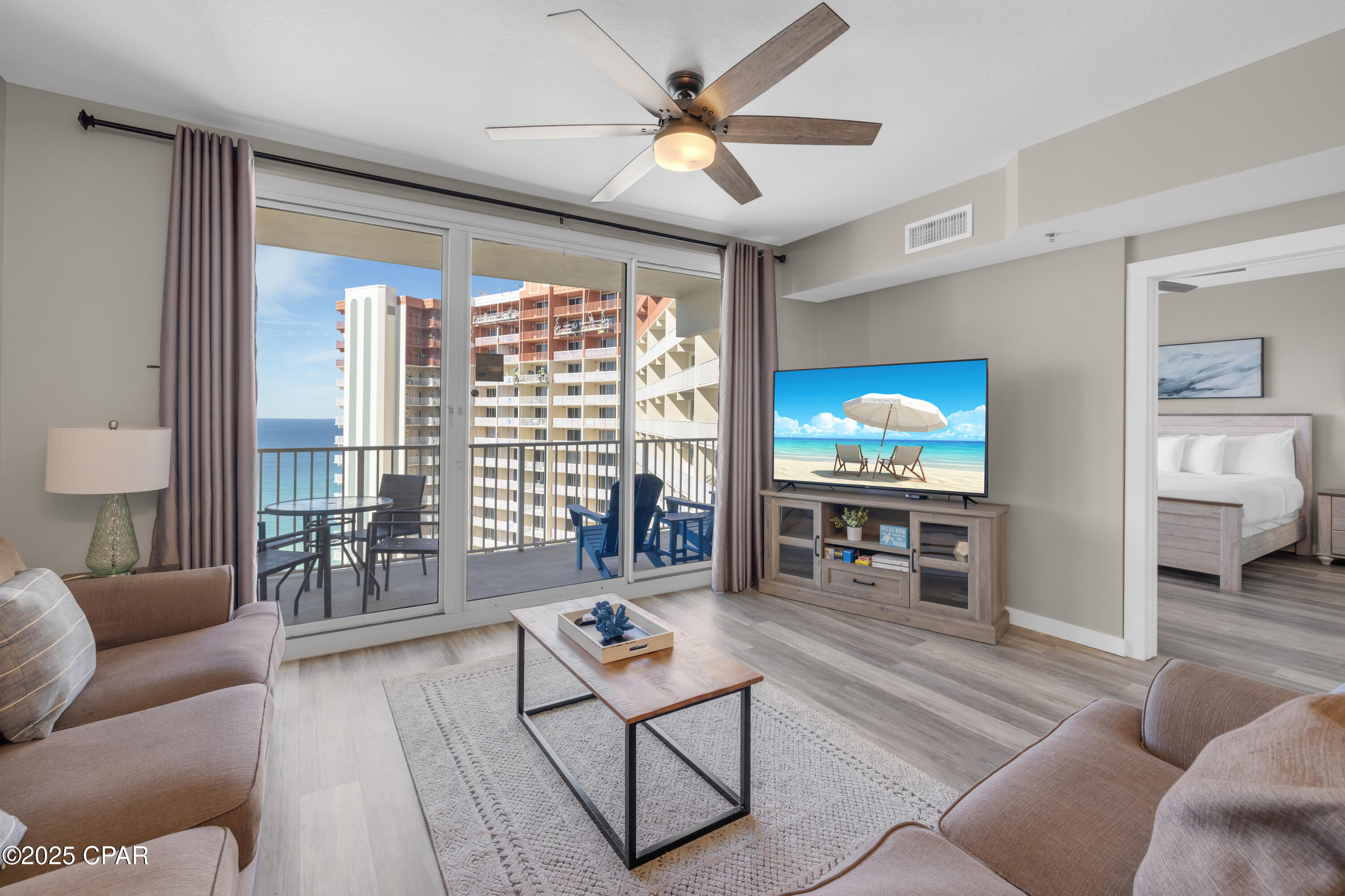 Shores of Panama Unit 1817 features the highly desirable Type C floor plan with a Gulf-front primary suite offering a private ensuite bath, plus a private bunk room with an adjacent full bathroom. This layout provides two distinct sleeping areas and comfortably accommodates up to six guests.

The interior includes luxury vinyl plank flooring throughout, updated light fixtures, stainless steel appliances, a full-size front-load washer and dryer, flat-screen TVs, a dedicated owner's closet, and a Pac-Man arcade machine that adds character for guests. The unit is fully furnished and rental-ready. In 2025, the property produced $33,000 in net income, with already $32k in NET income for 2026 (as MAR/01) offering helpful performance context for buyers evaluating short-term rental potential.

The 17-stack is one of the most sought-after Type C positions within Shores of Panama. It is the only stack in this floor plan that faces west, capturing panoramic sunset views over the Gulf of Mexico. Its proximity to the elevators adds convenience without compromising views. All stucco repairs on the 17-stack have been completed.

The oversized balcony spans more than 30 feet and is furnished with durable Polywood seating, providing unobstructed views of the lagoon-style pool and the Gulf waters beyond. This unit does not include a deeded parking space; however, overflow parking is available throughout the parking garage.

Shores of Panama Resort features the largest Gulf-front lagoon pool in Panama City Beach. This zero-entry tropical pool includes palm-lined islands, fountains, and a spacious hot tub, all set against resort guest exclusive beachfront access. Guests enjoy an indoor heated pool and hot tub, a 24-hour fitness center, and a seasonal poolside Tiki bar.

Located in the heart of Panama City Beach, Shores of Panama places dining, shopping, and entertainment nearby. Pineapple Willy's is adjacent to the resort, while Laketown Wharf directly across the street offers several dining, retail, and entertainment options, including Wharf Seafood Buffet, The Candymaker Ice Cream Shop, PCB Pizza, In Cahoots, The Press, The Bun Lab, 810 Billiards & Bowling, salon services, and more. Panama City Beach has also welcomed several newer attractions and entertainment venues, including Dolly Parton's Pirates Voyage Dinner & Show, Topgolf, McGuire's Irish Pub, and Tootsie's Orchid Lounge. 

Covered parking, complimentary Wi-Fi, and on-site security enhance the guest experience, contributing to Shores of Panama's position as a consistently high-demand Gulf-front resort.
HOA dues are $3,491.71 per quarter. All information and HOA fees are deemed accurate but should be verified by buyers if important.