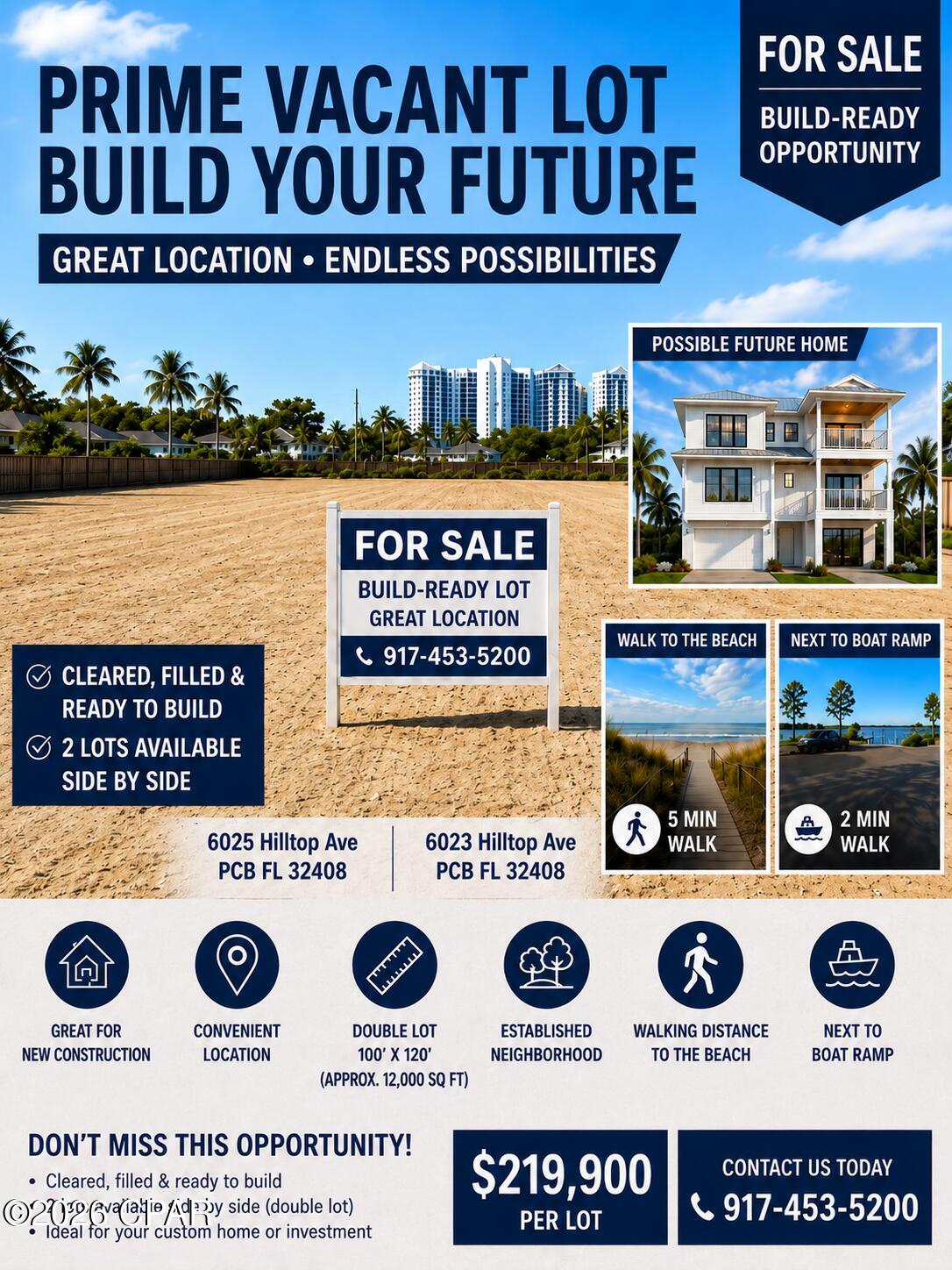 Discover an exceptional opportunity to own one or both of these prime vacant lots located at 6025 Hilltop Avenue and 6023 Hilltop Avenue in Panama City Beach, Florida. These side-by-side lots offer a combined double-lot opportunity in a desirable location just minutes from the beach and public boat ramp.

The property has been cleared, filled, and is ready to build, making it ideal for your custom beach home, vacation retreat, or investment property. Situated in an established neighborhood with no HOA, the lots provide a convenient location close to shopping, dining, entertainment, boating, fishing, and all the attractions that make Panama City Beach such a sought-after destination.

Enjoy a short five-minute walk to the beach and approximately a two-minute walk to the nearby public boat ramp, giving you easy access to both beach and boating lifestyles. The double property offers approximately 100 feet by 120 feet or 50 by 120 feet for a single lot of buildable space, creating endless possibilities for new construction.

A possible future home concept demonstrates the potential for a beautiful coastal residence designed to take advantage of the area's relaxed beach lifestyle. Whether you're looking to build a permanent residence, second home, or investment property, these lots provide the perfect canvas to bring your vision to life.

Priced at $219,900 per lot, this is a rare opportunity to secure build-ready property in a highly desirable Panama City Beach location. For additional information or to schedule a viewing, contact Julia Castillo with Dalton Wade Real Estate Group.