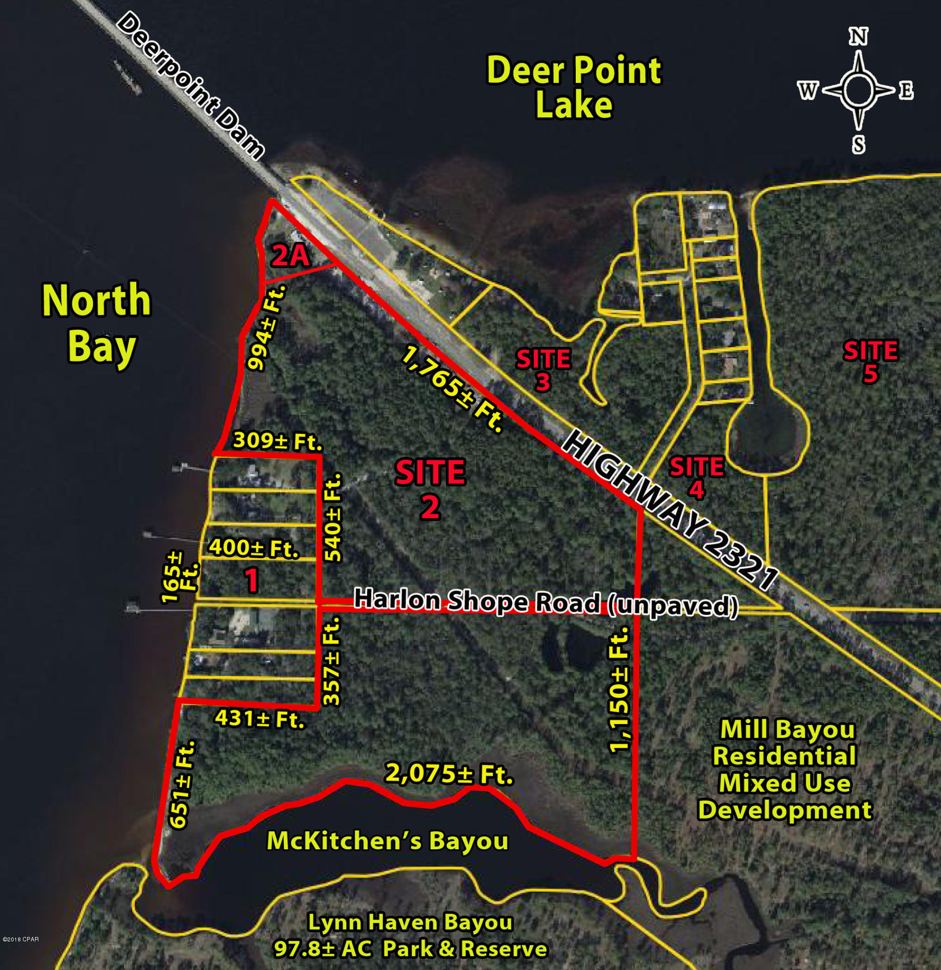 Excellent 46.5 Acre Residential North Bay Waterfront Development Opportunity with almost 3/4 of a mile of pristine shoreline on North Bay and McKitchen's Bayou.  This site is noted as Site 2 on the property aerial and part of a fragmented parcel consisting of 76.6 acres (Bay County Parcel Number 08671-000-000).  Zoned Agriculture/Timberland (AG-2) in Unincorporated Bay County, rezoning & access to municipal water & sewer would require annexation into the City of Lynn Haven.  Additional vacant waterfront and interior land parcels available from .84 acres to 130 acres along the Highway 2321 corridor in the Deer Point Lake and North Bay area.  This property is west and adjacent to the Mill Bayou Residential Mixed Use Development and the new approved 97.8 acre Lynn Haven Bayou Park & Preserve.
