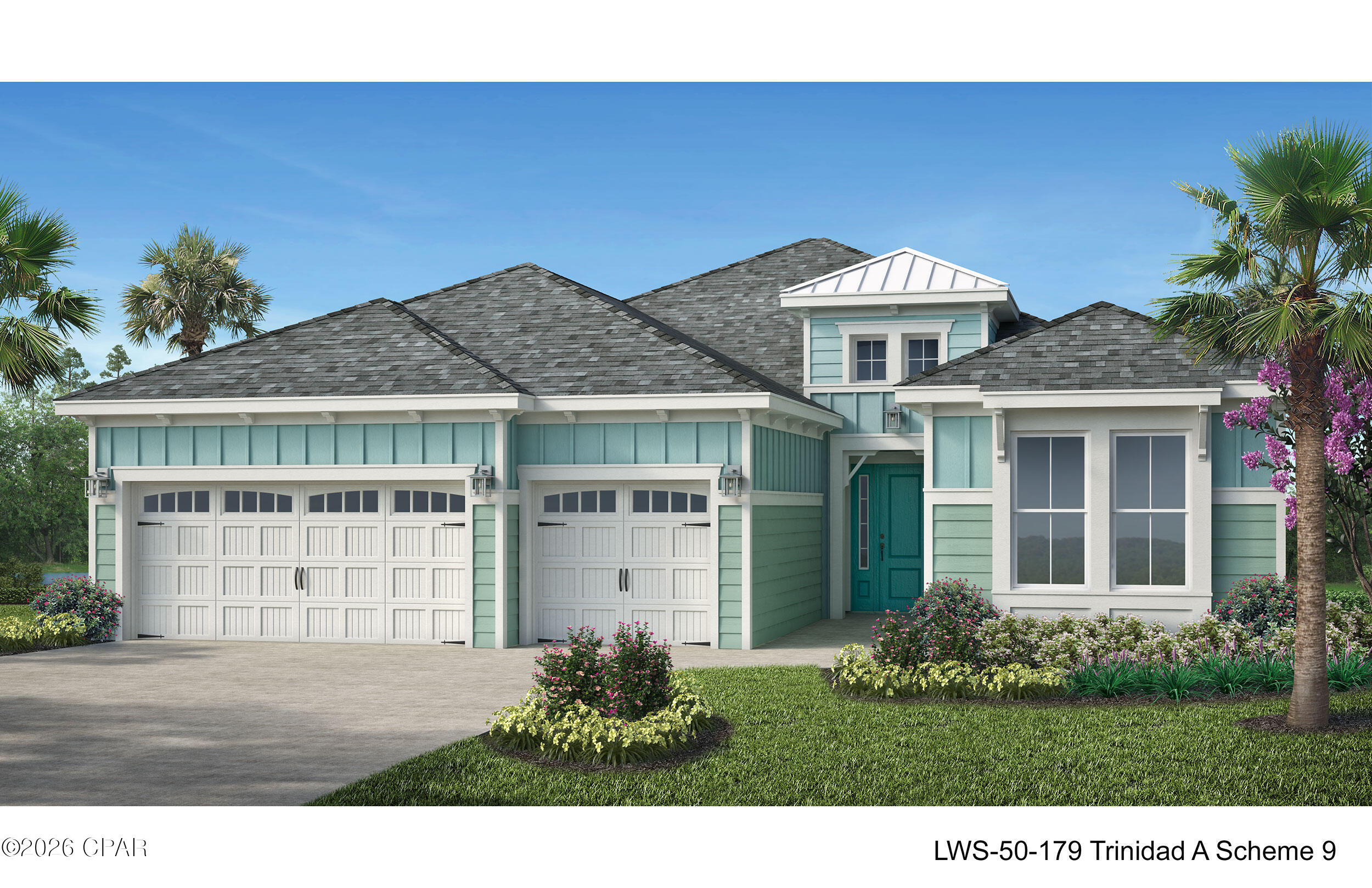 Move-In Ready This Summer! Rare Trinidad Floorplan at Latitude Margaritaville Watersound.  Don't miss this rare opportunity to own the highly sought-after Trinidad floorplan in Latitude Margaritaville Watersound. This spacious 3-bedroom, 3.5-bath home is thoughtfully designed and beautifully finished, offering both comfort and style with room to truly spread out.  Step inside to a professionally designed interior featuring upgraded cabinetry, sleek quartz countertops, and durable laminate and tile flooring throughout. The stunning kitchen is complete with a gas drop-in range, wall oven and microwave combination, decorative cabinet hood, and tile backsplash--perfect for entertaining or everyday living.  Elegant 8-foot interior doors enhance the open feel of the home, while impact-resistant exterior windows and doors provide added peace of mind. Enjoy serene preserve views from the covered patio and throughout the main living areas, creating a peaceful backdrop for Florida living.  Thoughtfully designed and move-in ready this summer, this exceptional home combines quality craftsmanship, timeless design, and the relaxed lifestyle Latitude Margaritaville is known for. PHOTOS ARE OF FLOORPLAN NOT ACTUAL HOME BEING SOLD.