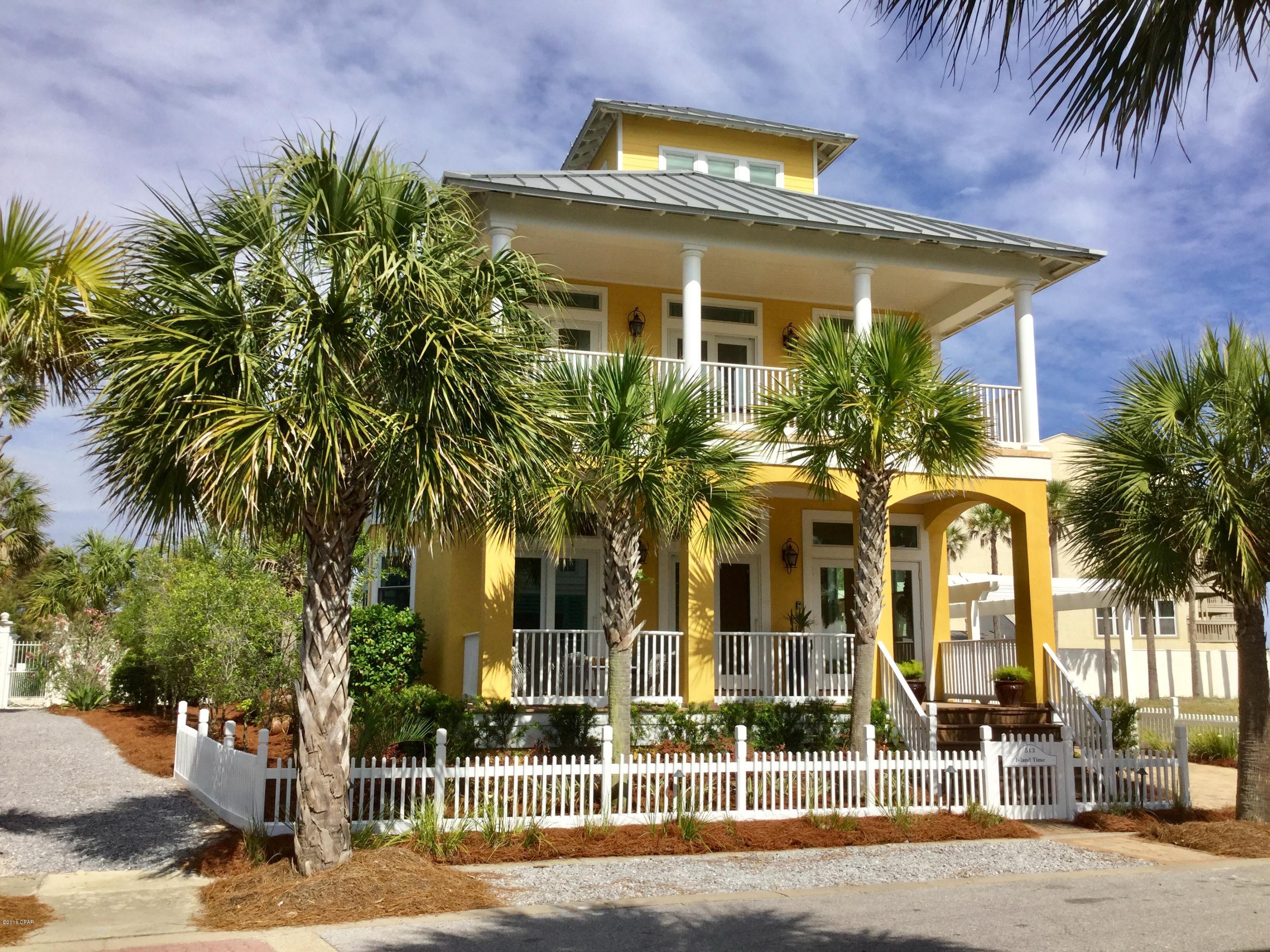 From the beautifully landscaped lot and the fantastic location of this home to the immaculate condition of the interior and exterior, this property is priced to sell. It has 3 oversized en suite kingsize rooms plus a tower with sleeper sofa. Gracious porches adorn both the front and back of the home. The tower and it's deck has a panoramic view of Carillon Beach and the Gulf of Mexico. The home features dark hardwood floors, travertine in all bathrooms, glass shower doors, upgraded fixtures, Trex decking and a wonderful private screened porch off the living/dining/kitchen space. Large downstairs 2nd master makes a great guest suite. Ample parking and first class furnishings make this home move-in ready for a 2nd home, an investment property, or a full time residence.