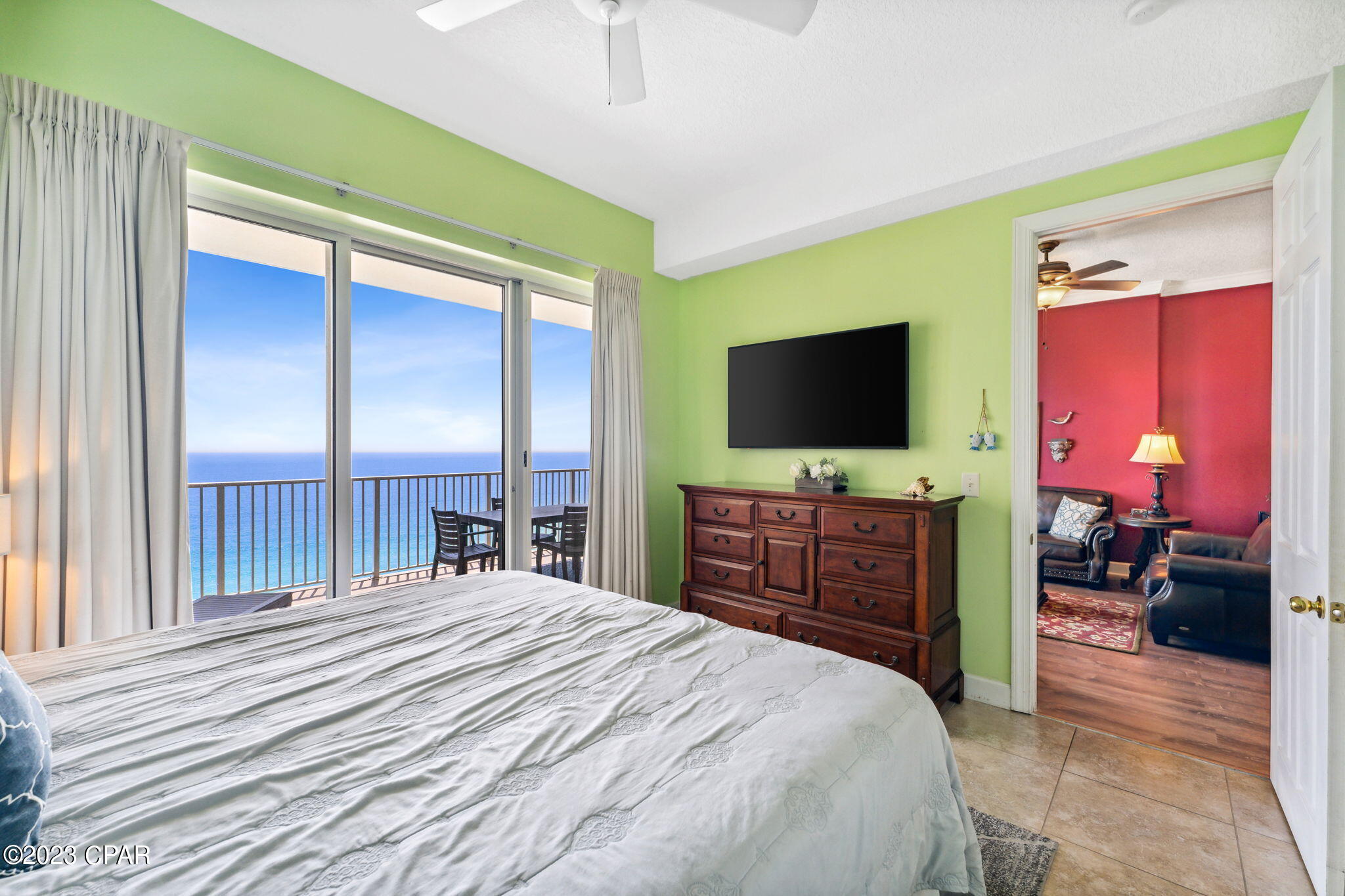 The Views are breathtaking from this unit.  The Location is Central for traveling from one end of our beaches to the other! Close to Pier Park, Frank Brown Park, Dining, Shopping, etc. This Condo has its 12 ft ceilings and is very spacious, with a large balcony approximately 27' x 10' that give access to Master Bedroom and the Main Living Area along with the beautiful Gulf views!  There is a new dining Table & Chairs (bench seating is great for this condo space) and 65'' TV, also new flooring Main Living area in 2022.   Well Maintained unit, 2021 new Hot Water Heater, Couches, Washer & Dryer, Large Room Rug and Patio Furniture.  This unit is a rented and used by family. Schedule your appt. today!