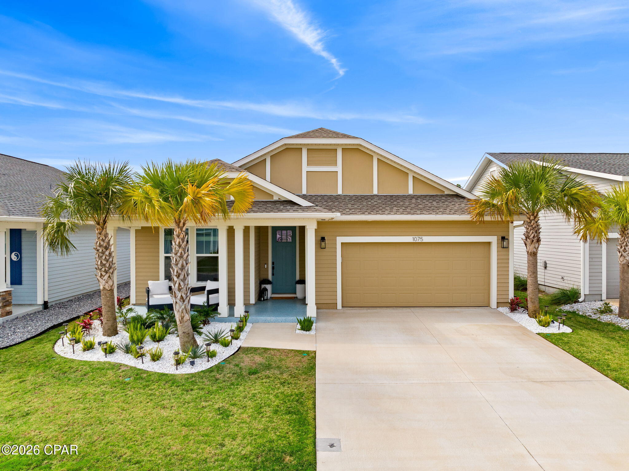 ENDLESS upgrades in central Panama City Beach location! Beautiful newer home immaculately maintained in the desirable Breakfast Point East community. Thoughtfully enhanced well beyond builder grade, this property stands out with an impressive list of modern upgrades, smart home features, and stylish finishes throughout. The exterior features whole house storm gutters, an enclosed patio with an electric retractable screen, and durable epoxy-coated porch and patio floors. The backyard is complete with a WiFi-enabled sprinkler system, a dedicated flower bed irrigation system, white marble landscaping accents, and a full outdoor termite prevention system. Smart exterior upgrades include professionally wired Google security cameras, floodlights, a doorbell camera, solar-powered garage lights, patio ceiling outlets, a ceiling fan, and beautifully placed solar lighting throughout the yard. Inside, the home continues to impress with upgraded bathrooms featuring built-in shelving, LED mirrors with dedicated wiring, and high end fixtures including Pottery Barn towel racks and accessories. Living spaces are designed for both comfort and entertainment, highlighted by a custom built entertainment wall complete with Philips Hue lighting, a color-changing electric fireplace, a 75'' Samsung TV, Samsung soundbar, and hidden storage with integrated outlets. Additional interior features include built in closet systems in secondary bedrooms, an advanced A/C electrostatic purification system, multiple TV mounts, custom curtain rods, added pantry electrical access, and a full ADT security system with window sensors and fire/carbon monoxide detection. Subtle touches like accent hallway lighting enhance the overall ambiance. The attic has been upgraded for maximum usability with a pull-down ladder and added wood flooring, creating valuable additional storage space. In the kitchen, you'll find both style and functionality with a touchless faucet, pot filler, custom cabinet hardware, designer island lighting, a Samsung Bespoke refrigerator, and cleverly designed retractable organizers for pots, lids, and spices. This home offers a rare combination of modern technology, thoughtful upgrades, and everyday practicality, all in a prime central location close to top rated schools, shopping, restaurants, and the white sandy beach. A RARE GEM LIKE NEW! Schedule your private showing today! Buyer to verify any information deemed important.