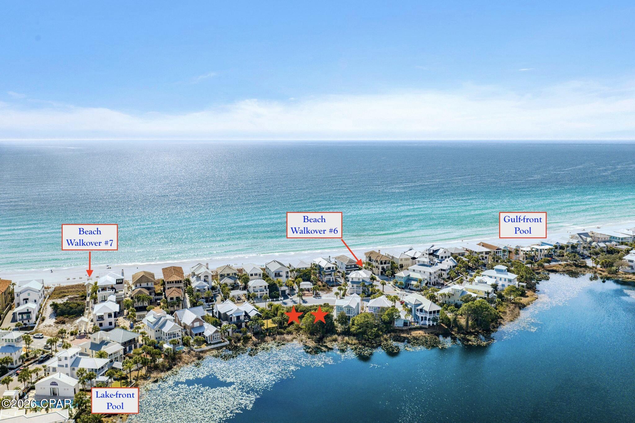 Truly once-in-a-lifetime opportunity to design and create your dream lakefront, gulf-view home in the heart of Carillon Beach on two adjacent lots on Lake Carillon with 120' ft. Beachside drive frontage.  Comes with plans to build large home spanning both lots (owner paid 250k for the plans). See Architectural Renderings in the photos - stunning!  This is the last opportunity to buy 2 contiguous lots in Carillon Beach, which are both ON Lake Carillon and across the street from the gulf allowing amazing gulf views.  Building design is subject to approval by the Carillon Design Review Committee. Together these two premier lots allow for the creation of a main home and guest home totaling about 5500-6000 sqft.  As close as you can get to the gulf, without being ON the gulf and paying premium prices for gulf-front lots ($ 4 million each lot based upon recent sales) and higher construction costs associated with building on the gulf. Space for private pool, though a community pool on the gulf is just steps up Beachside Drive.  NOTE:  Both lots may be sold together or Buyer may elect to purchase one lot only.  Carillon Beach is a quaint, private, strategically situated secluded community. The upscale shopping and restaurants of Rosemary Beach and 30AVENUE are but a 5 minute drive away. Carillon will never experience the heavy traffic associated with certain other high-end areas due to its being gated and buffered on the west by Lake Powell and the state park, allowing you to enjoy proximity to all of the many benefits of 30A with none of the burdens. And. . .unlike many nearby communities, golf carts are permitted in Carillon. Also, Carillon Beach is a disability friendly community with a wheelchair lift to the main pool area and a handicapped accessible ramp from the pool to the beach.  The annual HOA dues of $5732.36 and one time capital contribution fee of the same amount apply to EACH lot.