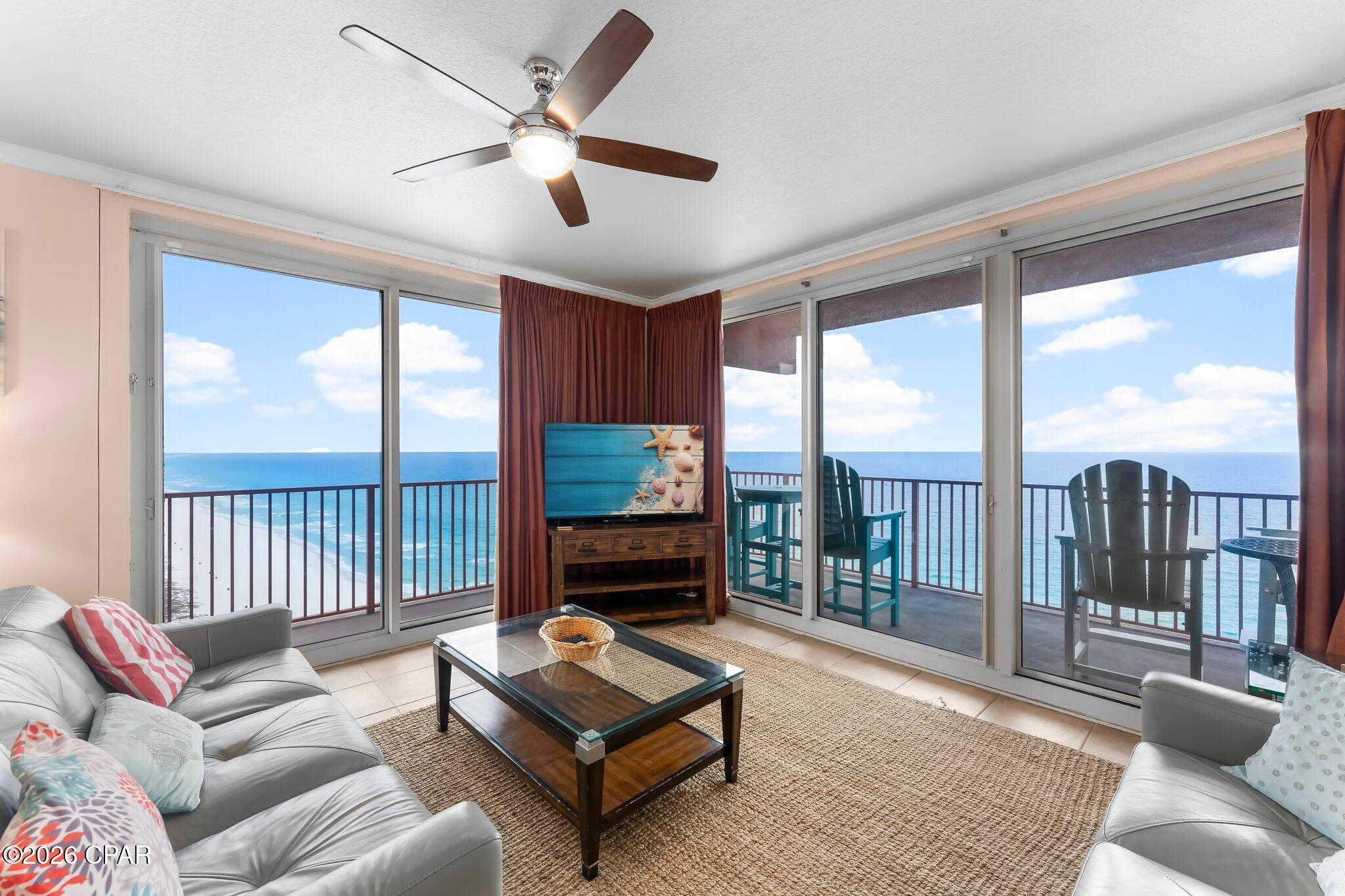 Spacious 3BR/3BA gulf front wrap around condo at Shores of Panama, one of Panama City Beach's most popular Gulf-front resorts. Unit 2231 features an open-concept living and dining area, a functional kitchen with ample cabinetry, and generously sized bedrooms with three full bathrooms—ideal for full-time living, a second home, or investment use. Enjoy resort-style amenities including a lagoon-style pool, indoor heated pool, hot tub, fitness center, on-site bar & grill, and covered parking. Centrally located in the heart of PCB, just minutes from dining, shopping, and entertainment.  This condo comes with its own deeded storage unit (very large) outside the condo with electricity and refrigerator. Also comes with it's own very valuable parking spot on floor 2.
