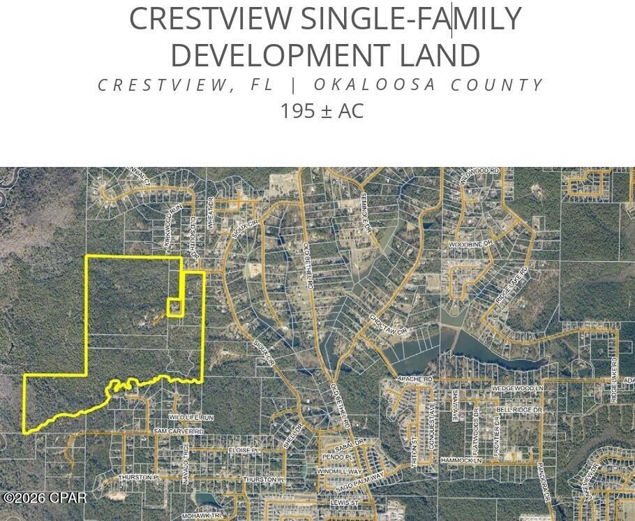 Crestview Single-Family Development Land is located in Crestview, Florida, and provides 195 total acres. Some of the lots are conditional, and some wetlands might affect conditions. This development site is within an hour of beaches along the Florida Panhandle.