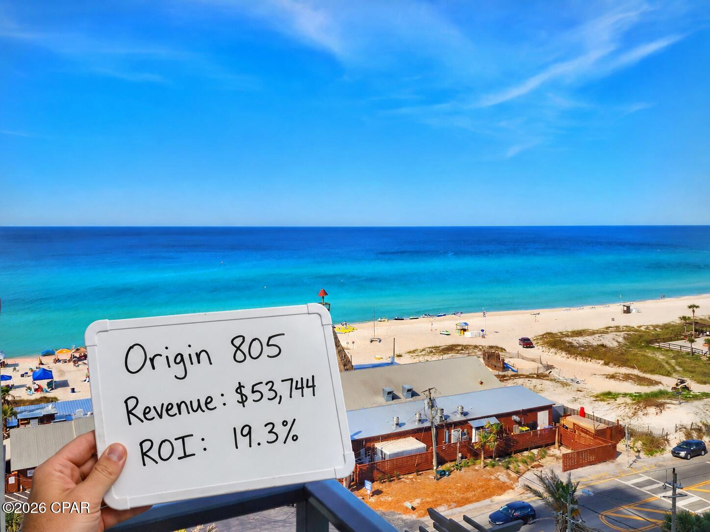 $53,744 in revenue July '25 to June '26: a 19.3% ROI on the asking price! A top-performing, turnkey investment opportunity at Origin at Seahaven, this beautifully updated 8th-floor studio combines strong rental performance, modern upgrades, and exceptional guest appeal in one of Panama City Beach's most desirable locations. Offering Gulf and main-strip views from a private balcony, the unit lives much larger than a traditional studio, featuring a king bed, a new queen sleeper sofa, a renovated bathroom, and a color-changing electric fireplace beneath a large flat-screen TV. The fully equipped kitchenette includes a full-size refrigerator, dishwasher, two-burner cooktop, and microwave, while all-tile flooring throughout eliminates carpet and simplifies maintenance.

Comfortably accommodating up to 4 guests, this condo has built a proven track record of success with established Airbnb and VRBO listings, years of five-star reviews, and a loyal base of repeat guests. about 14% of its revenue already comes from direct and repeat bookings, well above the Panama City Beach market average, creating an additional competitive advantage for future ownership. As an added bonus, the seller's revenue consultant will personally assist the buyer in expanding the property's direct-booking strategy through modern AI, automation, and data-driven revenue management techniques. Origin at Seahaven offers a Gulf-view infinity pool, a heated courtyard pool and hot tub, fitness center, arcade, grilling and sunset decks, the on-site Saltwater Marketplace cafe featuring Starbucks, covered parking, and interior hallways. Located directly across from the beach and Sharky's, and just minutes from Pier Park, Topgolf, and many of Panama City Beach's most popular attractions, Origin 805 represents an exceptional opportunity to acquire a high-performing, professionally optimized vacation rental with significant upside potential.

Full rent roll available to qualified buyers.