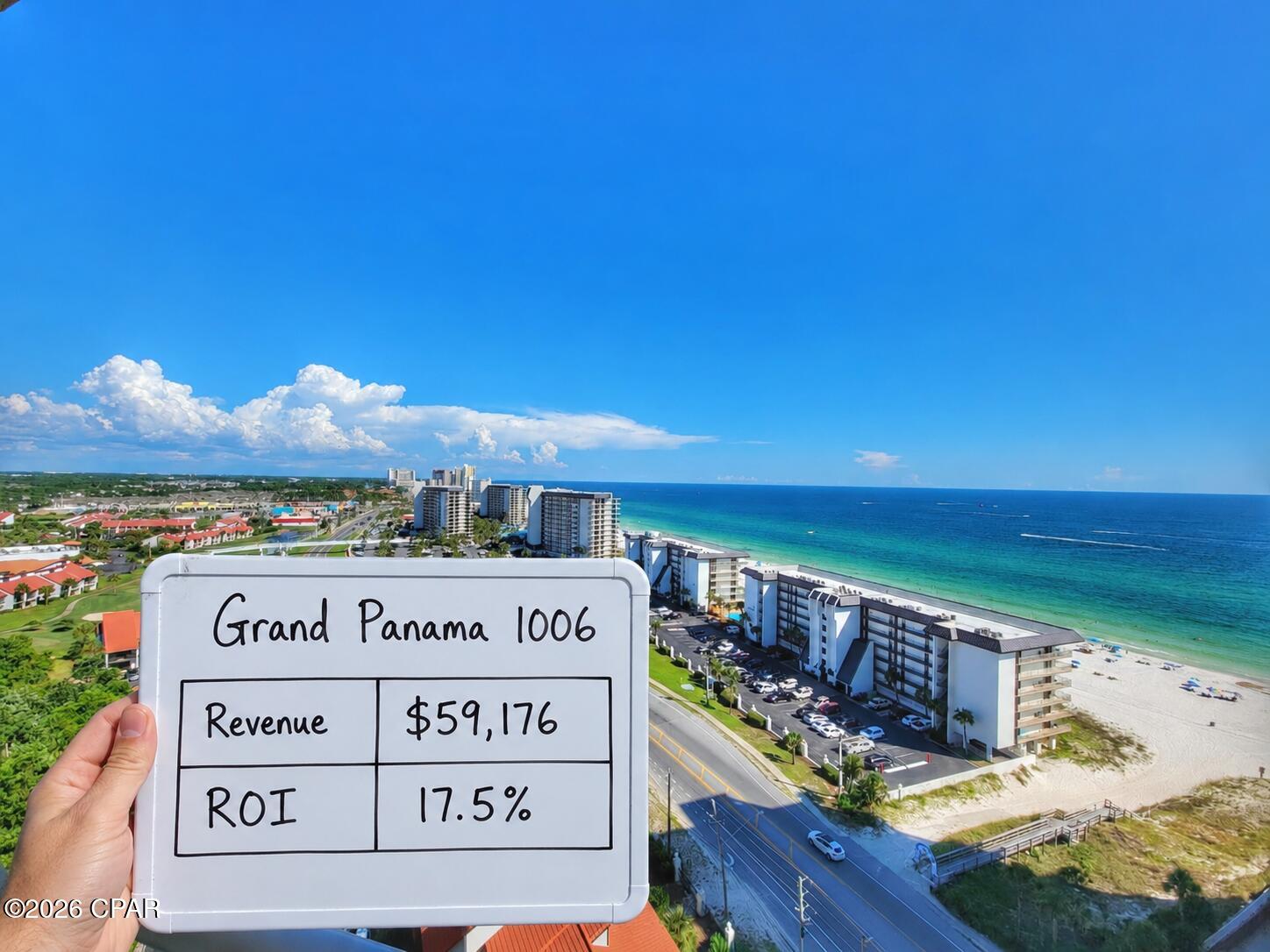 $59,176 in revenue July '25 to June '26: a 17.5% ROI on the asking price! One of the largest and most flexible floor plans at Grand Panama Beach Resort, this spacious 903-square-foot 1-bedroom-plus-bunk-alcove offers two full bathrooms and sleeps six, living far bigger than the typical beach condo. From the 10th floor of Tower 2, a covered private balcony captures sweeping Gulf and main-strip views, the perfect perch for morning coffee or a sunset cocktail. Inside, the king master is a true retreat, with an electric fireplace glowing beneath a wall-mounted TV and an en-suite bath featuring double granite vanities and an oversized walk-in shower, while a second full bathroom, a built-in bunk alcove, a queen sleeper sofa, and two recliners make the open-plan living area endlessly flexible for families and groups.

The kitchen is full granite with stainless appliances and a dishwasher, and there is an in-unit washer and dryer. Grand Panama Beach Resort delivers a beachfront free-form pool and a heated rooftop pool atop Tower 2, hot tubs, a seasonal beachside tiki bar, a large fitness center, covered garage parking, an elevated enclosed sky-bridge to the beach, and a hotel-style lobby, while the HOA covers building insurance, water and sewer, cable, and internet for predictable ownership costs. Grand Panama also has storage lockers for owners, and this unit will convey with four of them. Best of all, about 33% of its revenue already comes from direct and repeat bookings, well above the Panama City Beach market average.

As an added bonus, the seller's revenue consultant will personally assist the buyer in expanding the property's direct-booking strategy through modern AI, automation, and data-driven revenue management techniques. Space, a second full bath, sleeps-six flexibility, and proven cash flow, all just minutes from Pier Park and Panama City Beach's most popular attractions. Full rent roll available to qualified buyers.