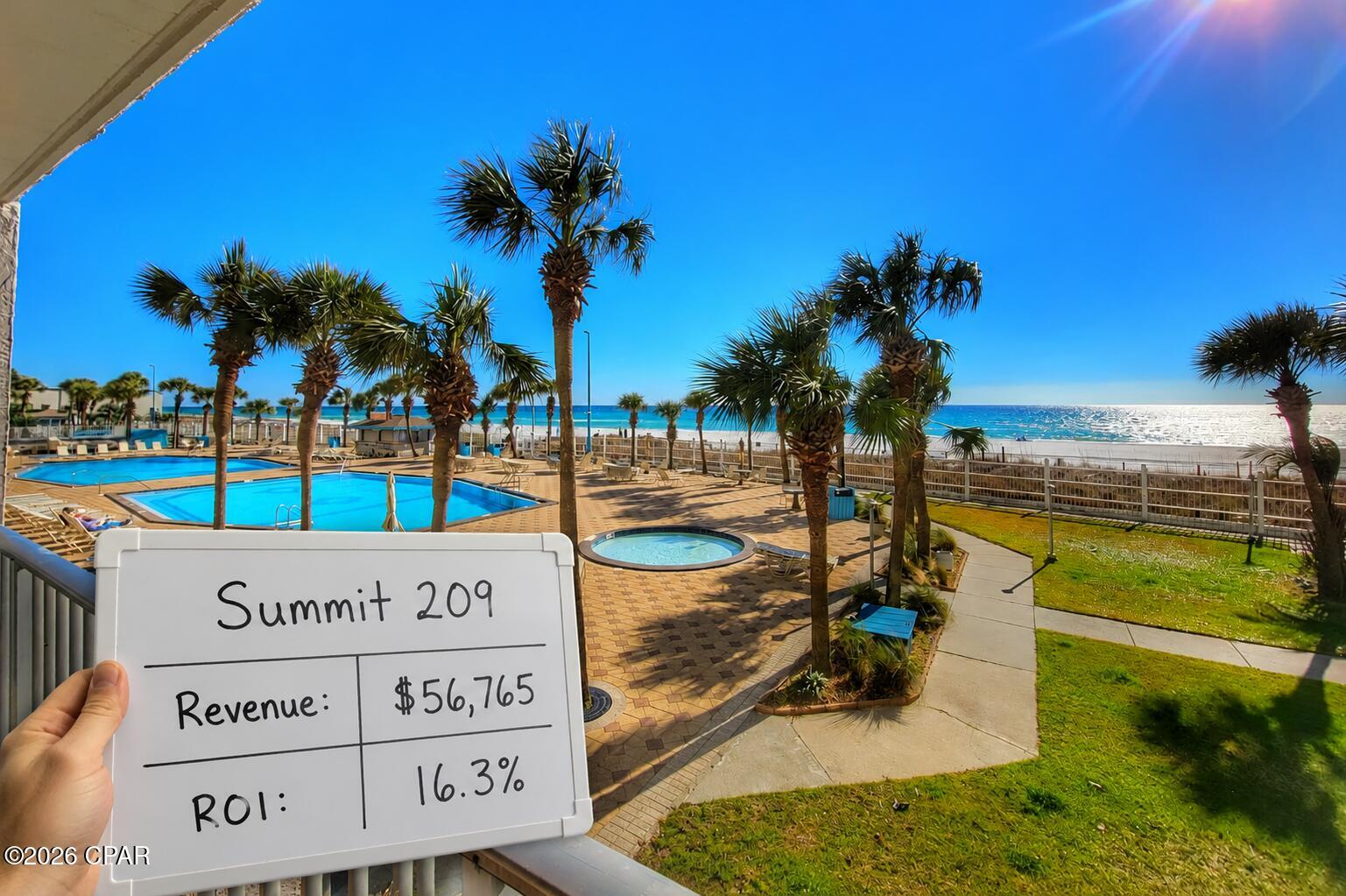 $56,765 in revenue July '25 to June '26: a 16.3% ROI on the asking price! One of the strongest-earning 1-bedrooms at The Summit, this fully renovated, direct-beachfront 1BR/2BA pairs strong income with a feature that is almost impossible to find on the sand: a low, 2nd-floor location. There are no elevator waits - guests simply take the stairs and they are on the beach in seconds. The Gulf and the resort pools sit at near-eye level from the private beachfront balcony, and it is the single most praised detail across years of five-star reviews.

It is also exactly why 209 out-earns Summit units on the floors above it. Beautifully updated throughout, the condo features wood-look plank flooring, a granite kitchen with glass-tile backsplash, stainless appliances and a dishwasher, refreshed bathrooms, and a smart Nest thermostat. A king bedroom, a queen sleeper sofa, a built-in twin-over-twin bunk nook the kids love, and two comfortable recliners let it sleep five. An in-unit washer and dryer plus new sliding glass doors complete a true turnkey package.

The timing could not be better: the new Tootsie's just opened next door in the legendary former Spinnaker Beach Club and it is already packed, pulling fresh nightlife and foot traffic straight to the resort. The Summit offers two Gulf-front pools (one seasonally heated) and two children's pools, two outdoor and one indoor hot tub, his-and-hers saunas, a fitness center, tennis and pickleball, shuffleboard, a poolside tiki bar, the on-site Bar & Grill, and gated 24-hour security with direct private beach access. With established Airbnb and VRBO listings and a loyal base of repeat guests, this condo has a proven track record of success, and about 17% of its revenue already comes from direct and repeat bookings, well above the Panama City Beach market average. As an added bonus, the seller's revenue consultant will personally assist the buyer in expanding the property's direct-booking strategy through modern AI, automation, and data-driven revenue management techniques.

The income is the headline, and the rare 2nd floor is the edge no higher unit can match. Full rent roll available to qualified buyers.