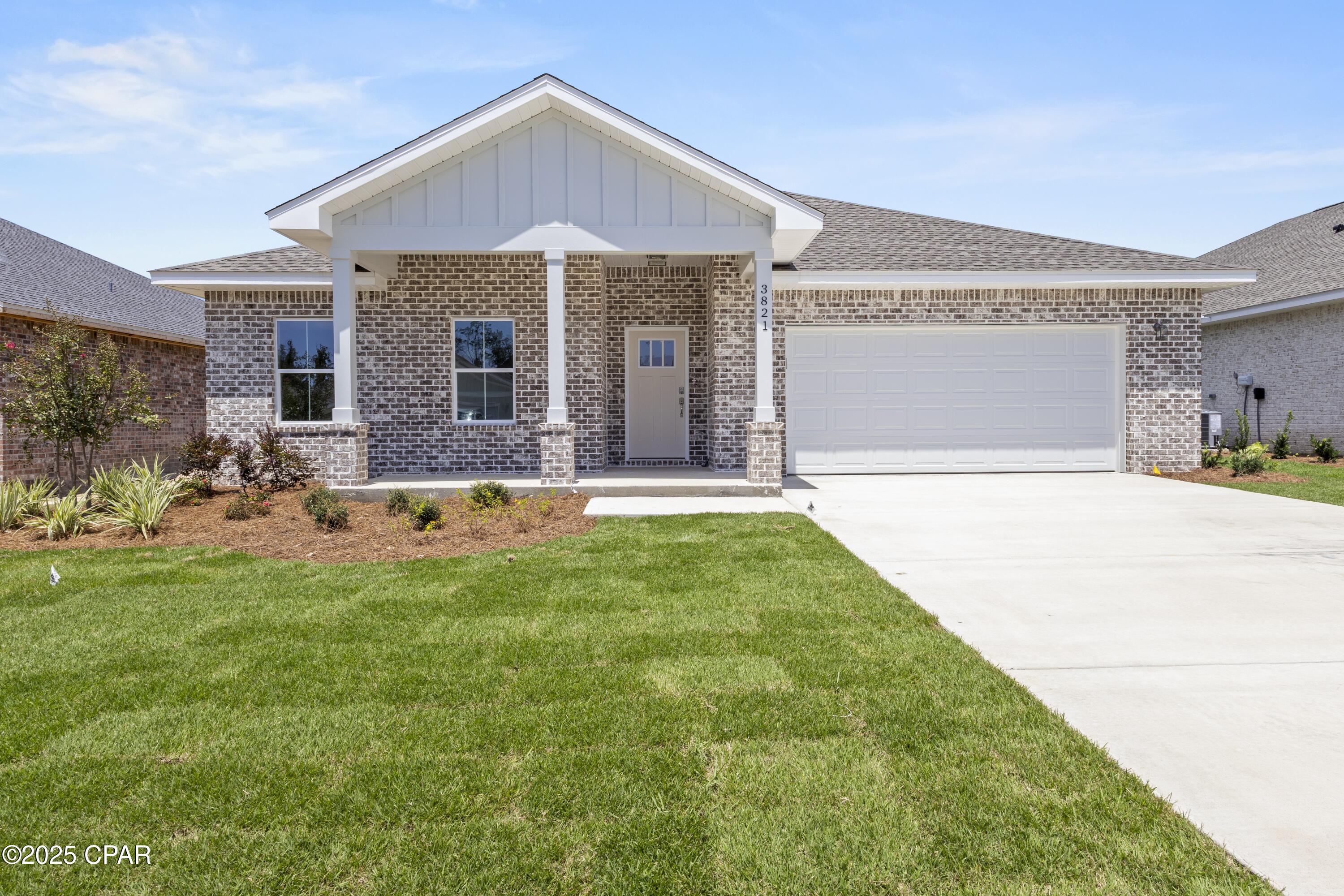 Receive up to $11,000 toward closing costs: $3,000 from the preferred lender and up to $8,000 from the builder. Located in the Game Farm community in Panama City, this home is built by Southern Coastal Homes, a respected local builder known for quality construction and practical design. The neighborhood offers wide homesites, natural green space, ponds, and planned green spaces in a central location. The home includes durable, well-built features such as three-sided brick construction, Hardie board siding, a tankless gas water heater, 9-foot ceilings, and a gas range with an outdoor grill hookup. The yard is fully sodded with an irrigation system. Inside, the layout is functional and efficient, with tray ceilings in the living room and primary bedroom. The primary bath includes double vanities, a walk-in shower with glass door, and a large walk-in closet. Additional features include a garage utility sink and a walk-in pantry.
Move-in ready. Buyer to verify all important information.