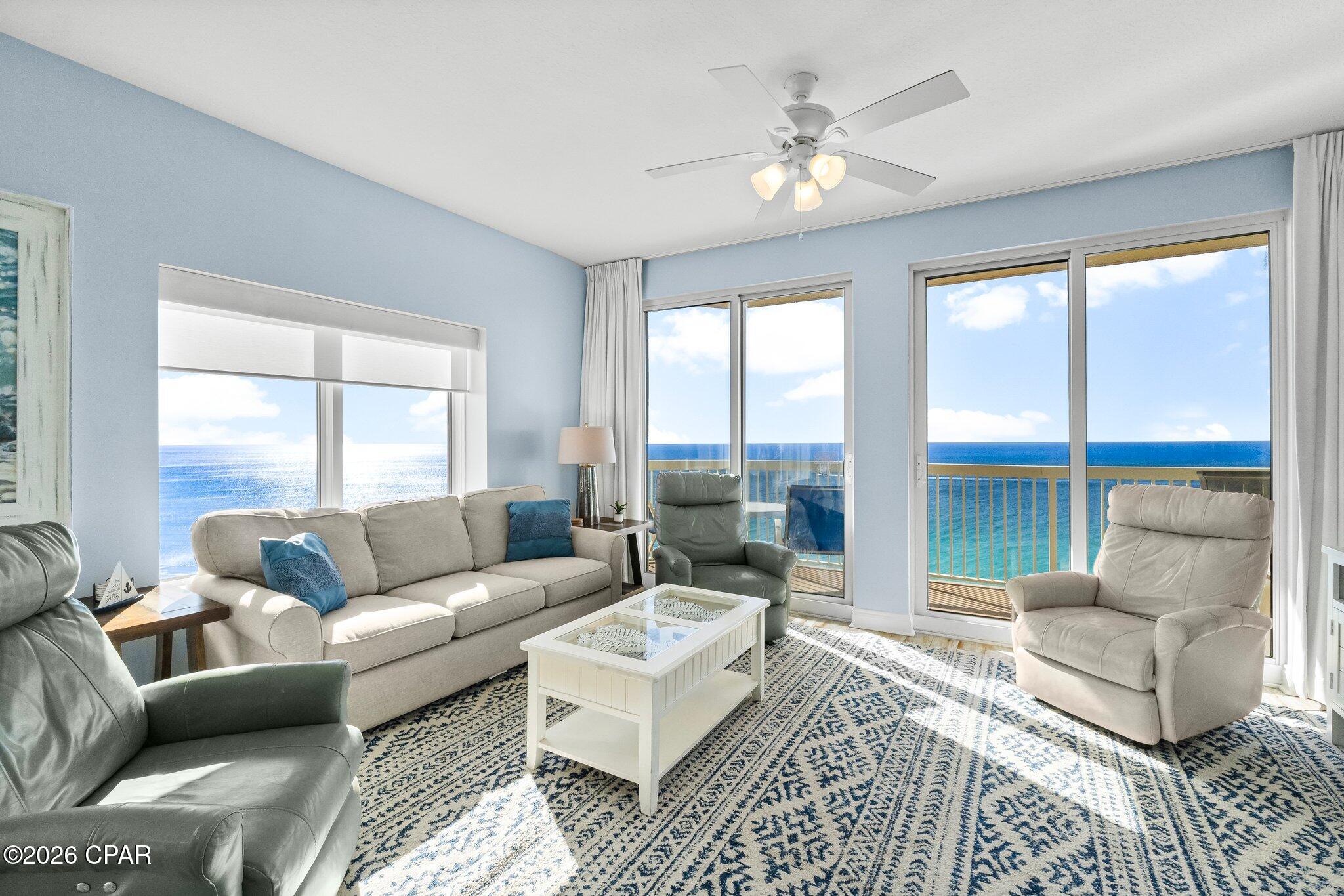 The views are what stop you in your tracks. From this 19th-floor end-unit at Calypso Tower I, nearly every room is framed by the Gulf, with more than 27 feet of glass across the living and dining areas delivering panoramic coastline views stretching in multiple directions. The wraparound balcony extends the living space outdoors, creating front-row seats to emerald water, white sand beaches, unforgettable sunsets, and the energy of Panama City Beach below.

Designed to comfortably accommodate families, groups, or vacation guests, this 3BR/3BA condo sleeps up to eight and offers something rarely found in beachfront condominiums -- every bedroom has its own bathroom and impressive beach views. The gulf-front primary suite opens directly to the balcony and features a spacious ensuite bath with double vanities, a jetted soaking tub, separate shower, private water closet, and walk-in closet.

Inside, the open-concept layout is filled with natural light thanks to its corner position and expansive windows. The kitchen is equipped with stainless steel appliances and a breakfast bar for casual dining. A separate wet bar adds convenience, creating a dedicated space for coffee, beverages, or snacks. Tile flooring throughout the main living areas and luxury vinyl plank flooring in the bedrooms provide durability, easy maintenance, and a clean coastal look with no carpet to worry about. A dedicated laundry room offers added storage and functionality, helping keep beach gear, luggage, and everyday essentials organized during extended stays. Well maintained and thoughtfully designed, this residence offers the space, layout, and views buyers seek in a Panama City Beach beachfront condo.

Calypso's location makes it one of the most popular resorts in Panama City Beach. Situated directly on the sand and just steps from Pier Park, owners and guests can walk to shopping, restaurants, entertainment, Topgolf, concerts, festivals, and year-round attractions without ever getting in the car. Resort amenities include two gulf-front pools, a poolside bar, beachside fire pits, BBQ grills, a gulf-front fitness center, an onsite convenience store, seasonal activities, and beach services right outside your door.

Photos can only begin to capture what this condo feels like in person. Schedule a private showing to experience it firsthand.