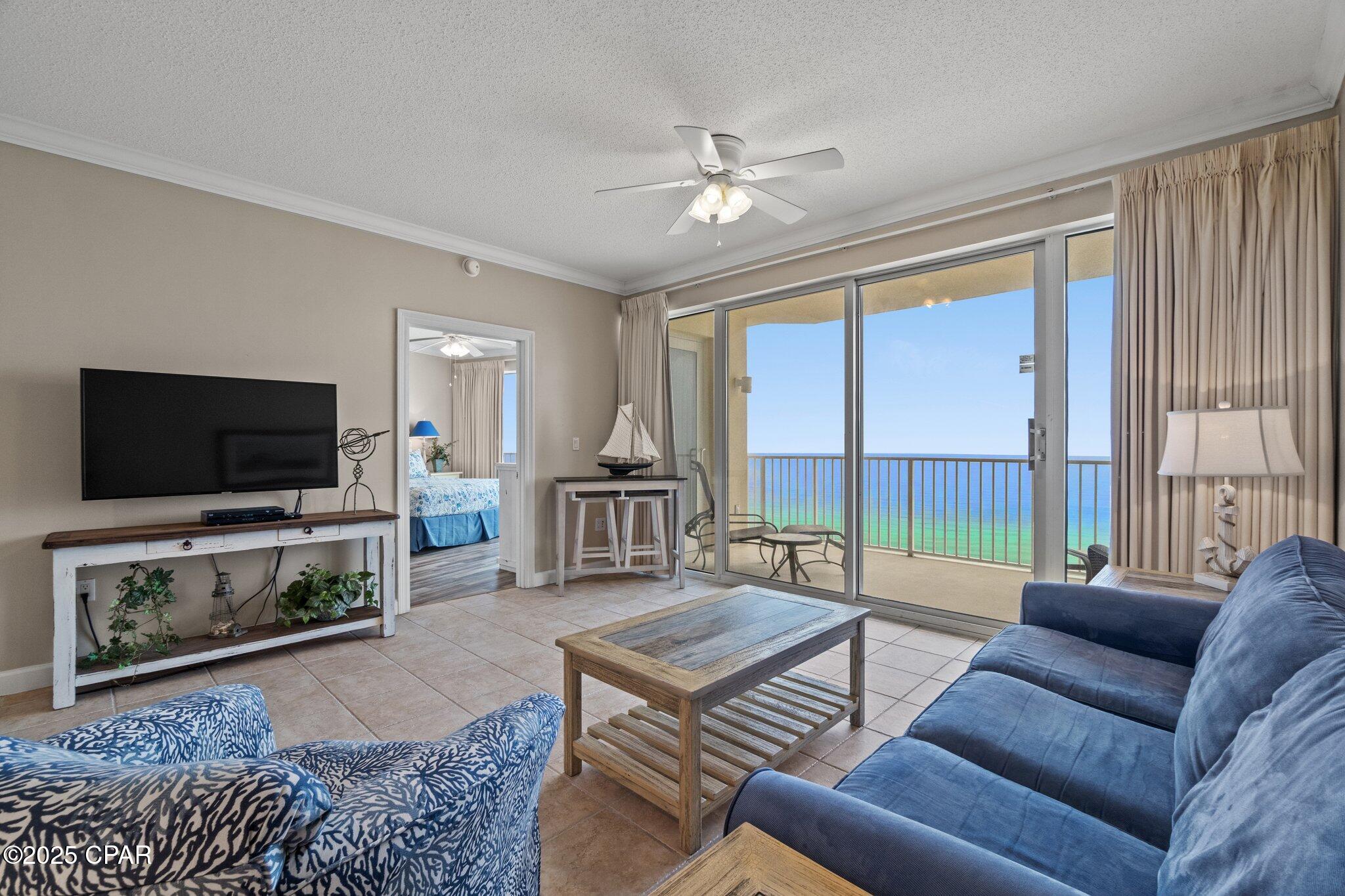 Make your escape to the Boardwalk Beach Resort! This 2 bedroom, 2 bathroom condo features an open concept floor plan with sparkling floor to ceiling windows. Every picture and piece of furniture adds to the interior's decor. There is plenty of living space with comfortable seating and multiple dining areas. A fully equipped kitchen with granite counter tops includes plenty of cookware and utensils for at home convenience during your stay. You will find large Tv's in every room along with new top of the line luxurious mattresses. Relax outside on the private balcony 17 floors above rolling waves of the Gulf coast. This stylish beachfront condo will accommodate a total of 6 guests.

Condo Features:

'' Furnished Private Balcony
'' Living area with Television, Sleeper Sofa and Balcony Access
'' Master Bedroom with King Sized Bed, Television and Secluded Balcony Access
'' Master bathroom with Garden Tub, and Walk-In Shower
'' 2nd Bedroom with 1 Queen Sized Bed, Television and Secluded Bathroom Access
'' Shared 2nd Bathroom with Bathtub / Shower Combination
'' Washer and Dryer
'' High speed Internet and Cable

Boardwalk Beach Resort is situated directly on the beach and offers a tremendous strip of private beach for guests to enjoy. This 22 story Gulf Front condominium is located in the heart of Panama City Beach. The resort is surrounded by restaurants, golf, nightlife, shopping and family attractions. In keeping with a sensational reputation, Boardwalk features an endless variety of amenities and extravagances to ensure an unforgettable visit. The hardest part is deciding what to take advantage of first!

Resort Features:

'' Beach and Water Sport Activities
'' 16 Acres of Private Beach
'' Beachfront Bar and Grill
'' 2 Swimming Pools
'' 2 Gulf Side Hot Tubs
'' Interactive Children's Splash Zone Pool Area
'' Arcade / Game room
'' Food Court open seasonally
'' Covered Parking and Security Gated Access

**Age, dimensions and square footage are approximate. Buyer should verify if important.**