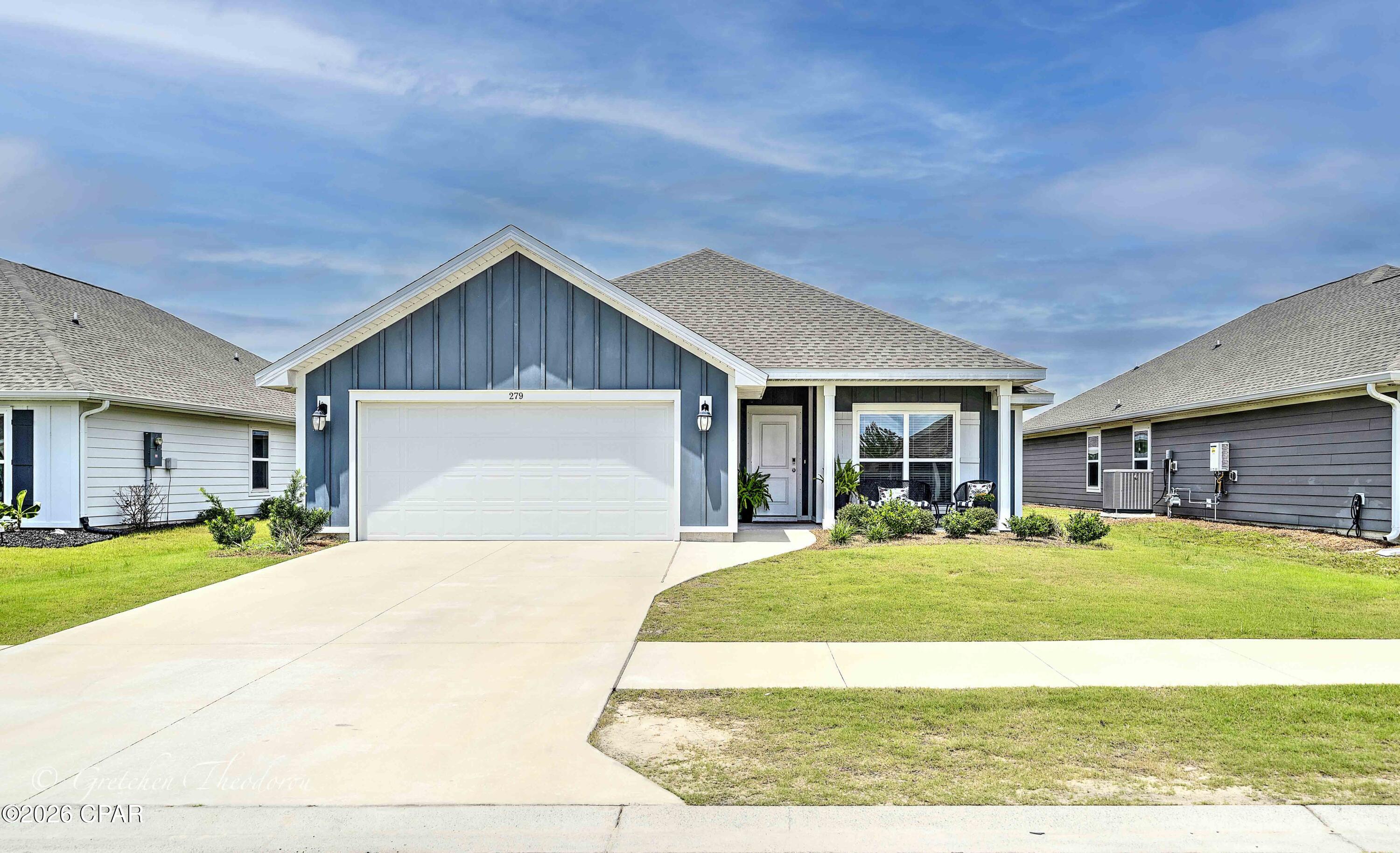 Welcome to Park Place! A newer construction community built by the reputable Truland Homes, this beautifully designed ranch-style home offers the perfect blend of comfort, convenience, and coastal charm. Step inside to an open and airy living space that flows effortlessly into a chef's dream kitchen, featuring quartz countertops, stainless steel appliances, a spacious island, gas stove, and a huge pantry to keep everything organized. The bedrooms provide a peaceful retreat, filled with natural light, while the primary suite steals the show with elegant tray ceilings, a spa-inspired ensuite, and a walk-in closet. Guests will appreciate the convenience of a Jack and Jill bathroom, ensuring both privacy and functionality. Outside, the fenced-in backyard offers a private space for relaxation, while the community's scenic sidewalks provide the perfect setting for a morning walk or an evening stroll. Located just minutes from Tyndall Airforce base, beautiful beaches, shopping, dining, and entertainment, this neighborhood also sits within walking distance of Callaway Sports Park, adding to its appeal. Whether you're seeking a peaceful retreat or easy access to everything Panama City has to offer, this single-level home is a perfect match. Don't miss out--schedule your showing today!