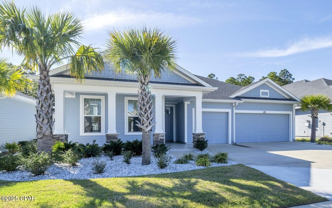 Welcome to your future home! This beautifully maintained residence offers the perfect blend of comfort, style, and convenience. Located in a quiet, family-friendly neighborhood, this property is ideal for first-time homebuyers, growing families, or anyone seeking a peaceful suburban lifestyle. One of the finest homes in Breakfast Point East.... Coastal Craftsman Masterpiece nestled along a protected Nature Preserve. 615 Longpoint Way, is a home where contemporary coastal design meets elevated craftsmanship. The property, a Samual Taylor Home, with an impressive Tracewood floor plan, features extensive upgrades throughout, 3 car garage and a spacious backyard with sparkling 12x30 private salt water pool and outdoor living space with covered lanai and gas hook up for outdoor entertaining or relaxing with the family. This single level meticulously maintained property, built in 2023, features 4 bedrooms, 3 bathrooms and a bonus room that can be used as an office, media room or home fitness area. The sought after single level, split floor plan spans over 2500 Sq.ft. The large open concept provides expansive views of the private pool. The centerpiece of the open concept main living area is the custom designed kitchen fully equipped with the a 30'' stainless steel range hood, built-in microwave, stainless steel gas stove, dishwasher, garbage disposal, extensive cabinetry, under cabinet lighting, and quartz counters and large walk-in pantry. The spacious Primary Suite with huge En suite bathroom features double sinks, stunning double glass shower, large walk-in closet and overlooks the private pool and nature preserve. Three additional bedrooms are perfectly positioned throughout the home to provide privacy while also providing connectivity. The 3 car garage provides the additional space needed for vehicles or your gear.