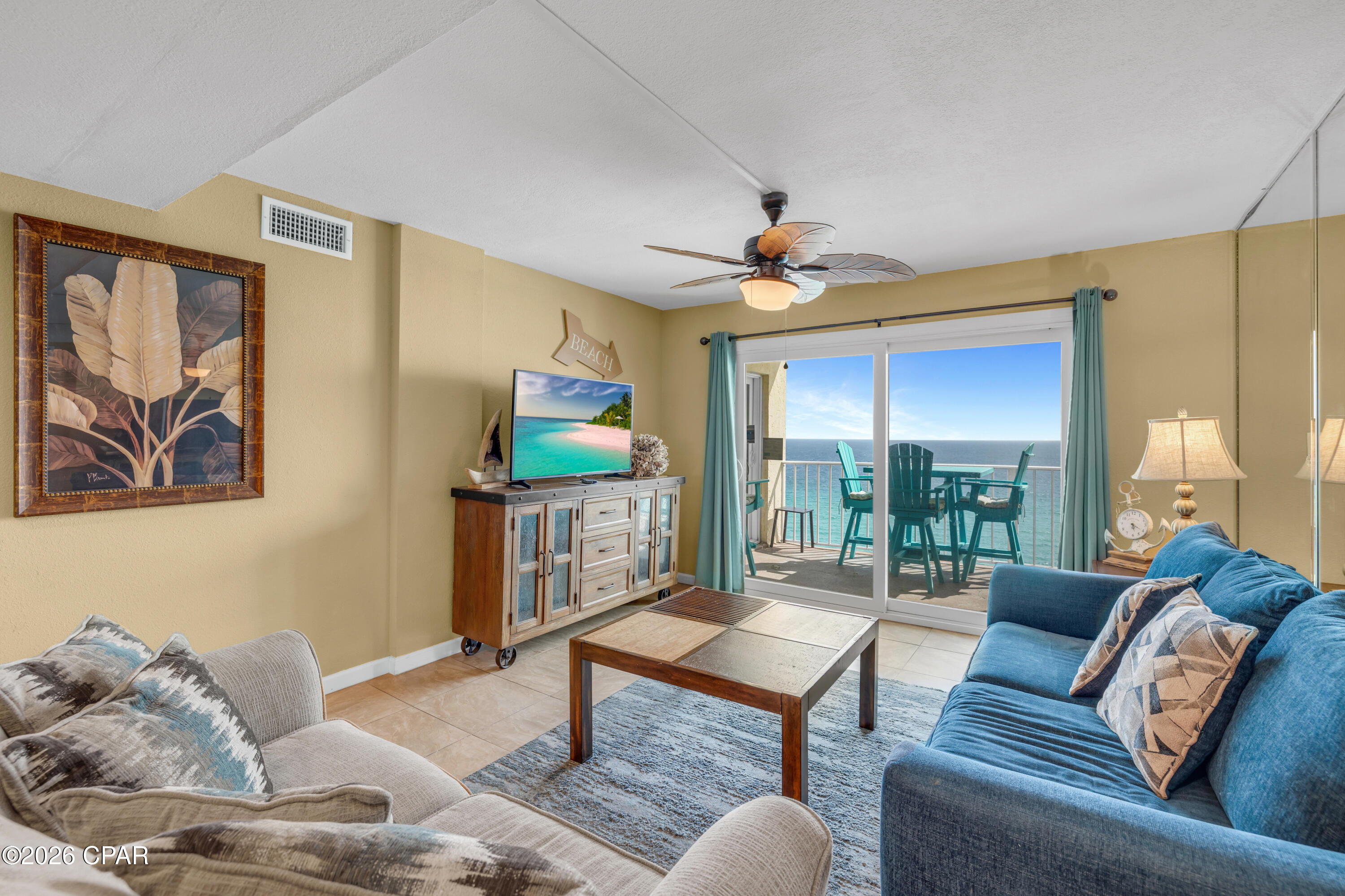 CURRENTLY UNDER CONTRACT, SELLER WILL CONSIDER BACKUP OFFERS

GULF-FACING BALCONY. RENOVATED INTERIOR. TURN-KEY BEACHFRONT CONDO. Regency Towers 1319 is a furnished beachfront condo in Panama City Beach, Florida, with a gulf-facing balcony and westward coastline views over the white sand beaches of PCB. The balcony is set up with high-top Polywood furniture, creating an elevated outdoor space for taking in the Gulf views. Inside, the unit features updated windows and sliding glass doors, consistent tile flooring throughout, and a renovated kitchen centered around natural stone countertops with gold-accent details that make a statement. The kitchen also includes stainless steel appliances, updated cabinetry, and a tiled backsplash. The primary bedroom features a king bed, balcony access, and an ensuite bath with a granite-topped vanity and tiled walk-in shower. The guest bedroom includes a full bed and access to its own bath with a tiled tub/shower combination. Additional sleeping space is available with the living room sleeper sofa, allowing the unit to sleep up to eight guests. Fully furnished and turn-key, Regency Towers 1319 is currently on the Regency Towers on-site rental program. Regency Towers has been a favorite Panama City Beach destination for more than 40 years. Located in the South Lagoon area, the gated beachfront community is minutes from St. Andrews State Park, area attractions, and dining options including Captain Jack's, Schooners, and Patches Pub. Community amenities include 24-hour security, ample parking, two beachfront pools, one seasonally heated, a wading pool, indoor hot tub, owners' lounge, fitness center, game room, picnic area with grills, private beach access by boardwalk, and The Sandbar, a recently remodeled on-site dining option open daily from 11 AM to 6 PM. Recent additions to Panama City Beach, including Dolly Parton's Pirates Voyage Dinner & Show, Topgolf, McGuire's Irish Pub, and Tootsie's Orchid Lounge, continue to add to the area's appeal for visitors, owners, and rental guests. All information is deemed reliable but should be verified by the buyer if important. Pets are not permitted except for verified service animals or emotional support animals.