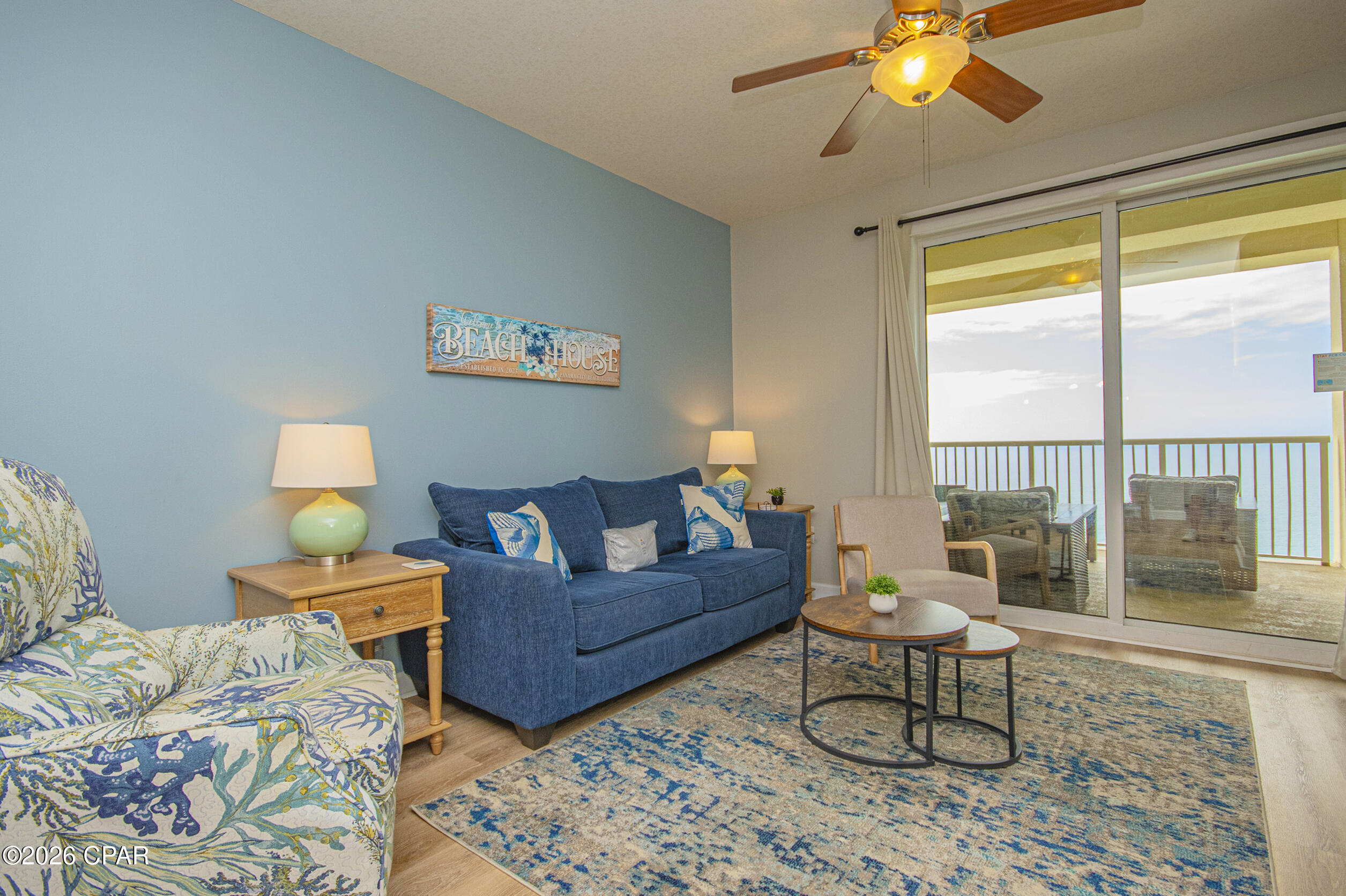 Gulf-front 20th-floor residence at Grand Panama Beach Resort -- fully furnished, short-term rental eligible, and positioned for both strong income and personal enjoyment.
Wake up to unobstructed emerald-green Gulf views from this elevated 2-bedroom, 2-bath beachfront condo with one of the most desirable vantage points in Panama City Beach. Located directly on the sugar-white sands of the Gulf of Mexico, this turnkey residence offers true beachfront living with no streets to cross and panoramic water views from the main living areas and private balcony.
