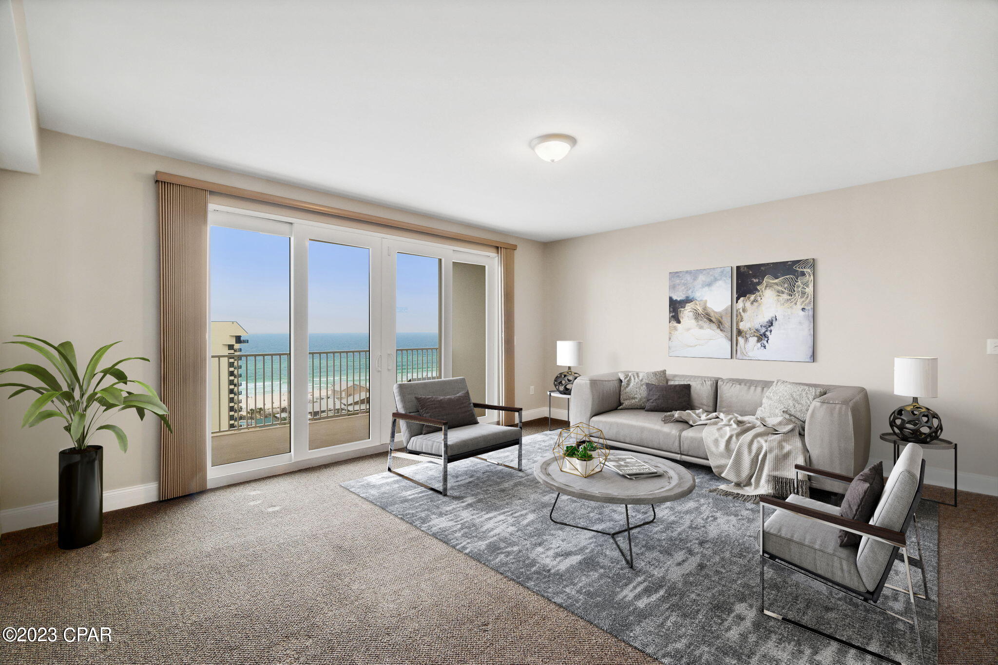 Laketown Wharf - Seller Relocated, Great Vacation Rental location. DIRECT OCEAN VIEWS from the 10th Floor with stunning panoramic views of the emerald, Gulf Coast waters and white, powder sands. FANTASTIC CONDO with Large Balcony space for a table or couch. Open Concept Living Room and Kitchen with large island.  Granite countertops and plenty of cabinet space. 1 BEDROOM and 2 FULL BATHS with an extra bump out space for a bunk set or murphy bed. Primary Bedroom features En-Suite Bath with NEW walk-in tiled Shower. Unit Boasts Fresh Paint, Newer Carpet, Commercial Grade Hot Water Heater, Customizable Blinds on the balcony sliding door and MUCH MORE!  Laketown Wharf Resort features 5 pools (one heated), Private Beach Access, Boardwalk overlooking lake with daily fountain show, multiple elevators, several restaurants, putting green, pickle-ball, fitness center and much more!  This condo is the best priced OCEAN FACING unit! The 10th Floor is direct walking access to the rooftop pool so you don't even have to access the elevators or stairs! Don't miss out on this potential Short Term Rental!