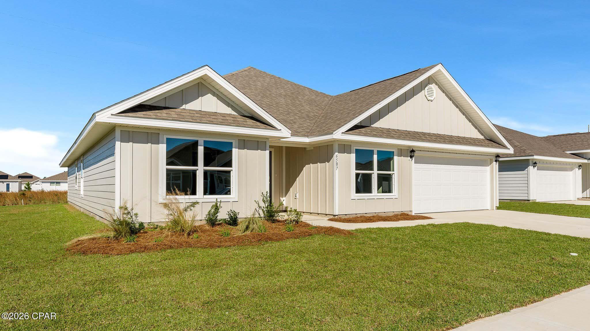 Welcome to the Sawyer floorplan located in our new Destini Lane community! This home features 5 bedrooms, 3 full bathrooms and a two-car garage. Two bedrooms with a shared bath are just off the entry. This home features a large open living area and dining area. The kitchen overlooks the huge great room, making this the perfect home for entertaining. There is a laundry/mud room just off the garage with plenty of space for a washer and dryer. The kitchen features a center island, large pantry, granite countertops throughout with beautiful white cabinetry and an appliance package that includes a stove, microwave and dishwasher. The primary bedroom features an ensuite bathroom with dual sink granite vanity, a large soak tub and separate shower. Additional features of this home include EVP flooring throughout the common areas and carpet in each bedroom. Equipped with Smart Home technology, this home has a Quolsys touch panel installed that can be integrated with your smart thermostat! The exterior of this home features quality vinyl siding, steel garage door, weather resistant wrap barrier with hose bibs and dimensional shingles with 30-year warranty. A landscaped front flower bed at entry way and fully sodded to the property lines. This property has No HOA and is situated on .805 acres of land with extra space for a boat, RV, pole barn or shed. Schedule a tour to visit this neighborhood today!