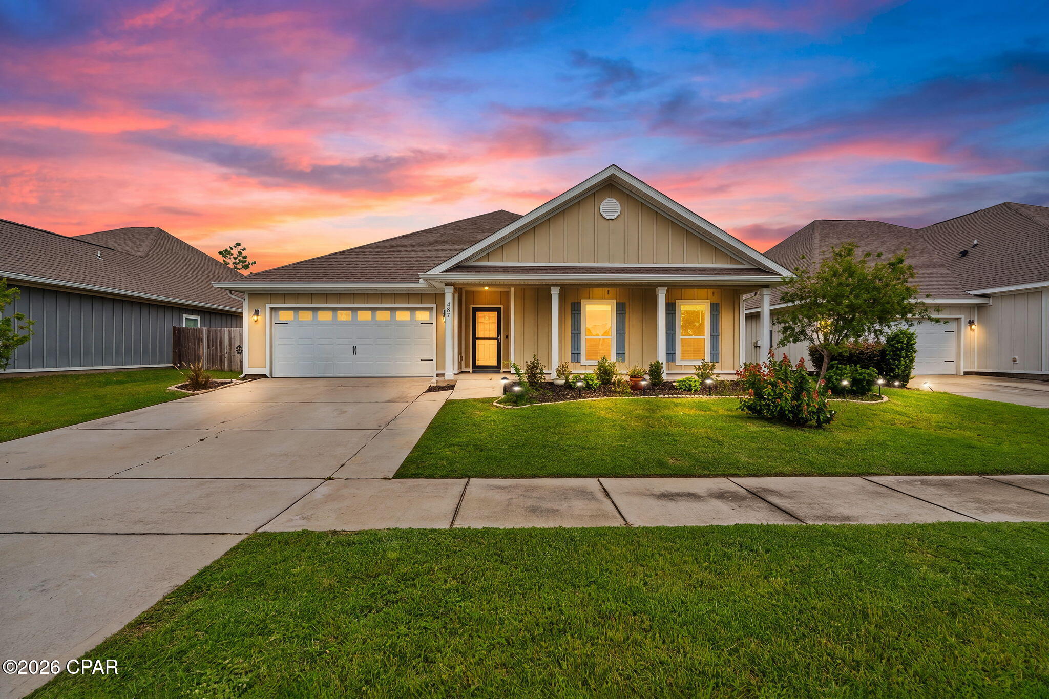 Welcome to the Victoria floor plan, a 4 bedrooms 2.5 bathroom split layout designed for both comfort and privacy. Located in the highly desirable Bridge Harbor community, you're just minutes from shopping, restaurants, and Tyndall Air Force Base.

From the charming covered front porch to the enclosed sunroom and screened in back patio overlooking the fenced backyard, this home is perfect for relaxing or entertaining. The backyard also includes a storage shed while additional exterior upgrades include gutters and a storm door.

Interior features luxury vinyl plank flooring throughout the main living areas and master bedroom; A stunning double tray ceiling with crown molding in the living room, and cozy carpet in the bedrooms. The spacious kitchen boasts granite countertops, stainless steel appliances, a large island with breakfast bar, and a generous walk-in pantry perfect for everyday living and entertaining.

The private primary suite is a true retreat, complete with a tray ceiling with crown molding, spacious walk-in closet, double vanities, separate shower, and a relaxing soaker tub.

Bridge Harbor offers exceptional community amenities, including a resort-style swimming pool, playground, scenic retention ponds, walkway to the bay, and a picturesque 100 year old oak tree park. Don't miss the opportunity to own this move in ready home in one of the area's most sought after neighborhoods! 

All measurements approx buyer to verify if important.