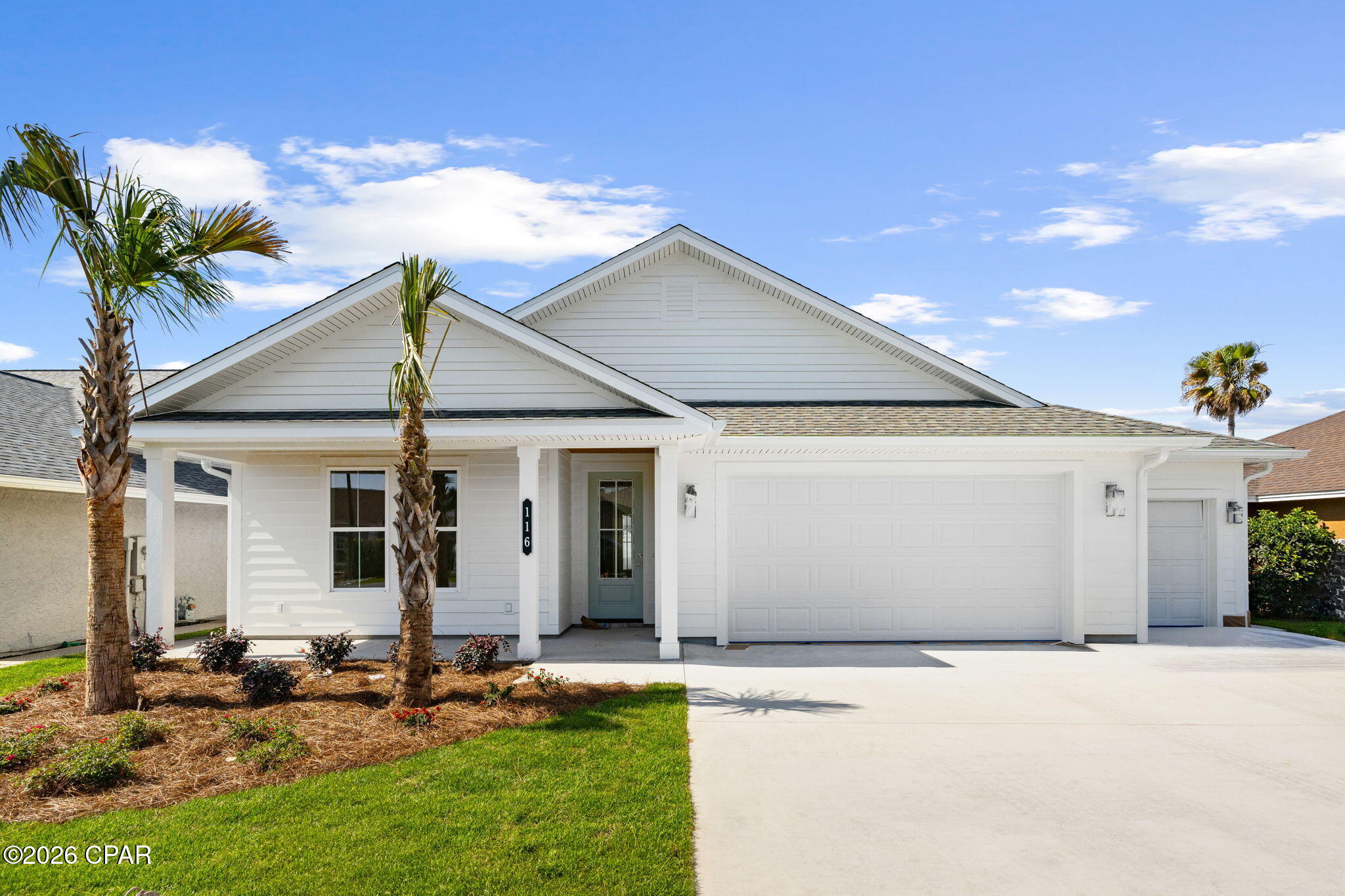 Under Contract - Taking Back Up Offers. Welcome to 116 Sea Oats Drive, a brand-new 2026-built home located in the desirable Seaclusion Beach neighborhood within the exclusive Bid-A-Wee community in Panama City Beach. Just a short walk or golf cart ride to 2,500 feet of private, gated beach access with dedicated parking, this home offers the best of coastal living in a quiet, no short-term rental neighborhood.

This single-level residence features 3 bedrooms, 2 full bathrooms, and 1 half bathroom across 1,751 square feet, thoughtfully designed with both comfort and functionality in mind. The 3-car garage provides ample space for vehicles, storage, and your golf cart for easy beach access.

Inside, you'll find 9-foot ceilings, 8-foot doors, luxury vinyl plank flooring, and recessed lighting throughout. The kitchen is well appointed with stainless steel appliances, a gas range with vented hood, and an under cabinet drawer microwave. The living room and primary suite feature tray ceilings, adding a refined touch to the open layout.

The primary suite offers a double vanity, walk-in shower, and a freestanding soaking tub. All bathrooms feature tiled floors and showers, while the laundry room includes tile flooring and built-in cabinetry for added storage. The half bathroom offers direct access to the patio, serving as a convenient pool bath without the need to track water through the home.

Built for durability and efficiency, the home includes impact-rated windows and a gas tankless water heater. Step outside to a covered patio overlooking the private pool, with a fully fenced backyard, professional landscaping, and irrigation system already in place. There is also a gas hookup ready for a pool heater.

Ideally located just 8 minutes from Pier Park and approximately 25 minutes from Northwest Florida Beaches International Airport, with easy access to both Front Beach Road and Panama City Beach Parkway. Also conveniently close to Surfside Middle School and Arnold High School.

Whether you're looking for a full-time residence or a peaceful coastal retreat, this home delivers privacy, quality construction, and unmatched beach access in one of Panama City Beach's most sought-after communities.