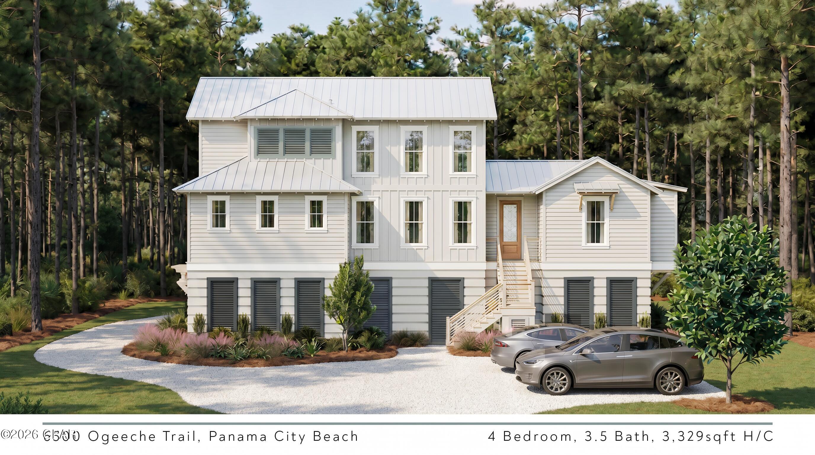 Imagine waking up in your modern, coastal organic new construction home in RiverCamps on a spacious 1.41-acre homesite. Tucked deep inside one of Panama City Beach's most coveted gated preserves, this brand-new 4-bedroom, 3.5-bath home, currently under construction by Guyson Construction, offers nearly 3,400 square feet of heated/cooled living space has been thoughtfully designed for the way you actually want to live, with room to gather yet still have the privacy you desire.

Set on a generous 1.41-acre wooded homesite, this home offers a summer kitchen, 3-car garage, gym storage and flex space. The main level opens into a gallery room separating the primary suite retreat into a sprawling trayed ceiling great room, dining area, powder room, laundry room, mud room and a kitchen built for both everyday life and entertaining. You're going to love the walk-in pantry and the coffee bar in this home and also stepping outside to a 47' expansive screened porch overlooking the trees, your own private front-row seat to Florida's natural beauty. Love the indoor-outdoor experience? Enjoy dinners outside year-round on the screened porch with your summer kitchen! The primary suite offers a true retreat, with vaulted ceilings, expansive walk-in closet, and a spa-style bath featuring a freestanding soaking tub and an 11' walk-in shower.

Upstairs you'll find three additional bedrooms with two full baths and a loft area ideal for family or guests who desire their own space. The ground floor adds even more versatility, with a flex room and dedicated gym/storage space offering endless possibilities: home gym, workshop, golf cart parking, or hobby space. And attached 3-car garage is perfect for keeping your golf cart under cover and keeping your vehicles and toys protected and ready to go.

Outdoor living is front and center here, with a spacious 1.41-acre homesite perfect for evening gatherings under the trees, room for a future pool to add, if desired, and expansive outdoor living area and a layout designed to make the most of the lot's natural privacy buffer in RiverCamps.

Living in RiverCamps means trading rush hour for time on the water. This gated, 1,500-acre wildlife preserve community along Crooked Creek and West Bay in Northwest Florida is home to fewer than 450 homesites, with the majority of the land set aside for conservation. Residents enjoy access to the Riverhouse with a pool, fitness center, fireplace, games, and commercial-grade kitchen for hosting events, plus miles of walking and biking trails, complimentary boat storage, a community boat launch, private docks, a fishing area, remarkable playground, and pickleball and recreation courts. Kayak the creek, cast a line, watch the sunset from the dock, or simply enjoy the quiet of a true nature sanctuary. RiverCamps is where living really begins!

All of this sits just minutes from the sugar-white sand of Panama City Beach, Pier Park shopping and dining, and the Northwest Florida Beaches International Airport, giving you the best of both worlds: total seclusion when you want it, and total convenience when you need it.
Estimated completion for this stunning new construction home is late 2026. 

Schedule your private tour today of this new construction home and the community and watch your dream home come to life!