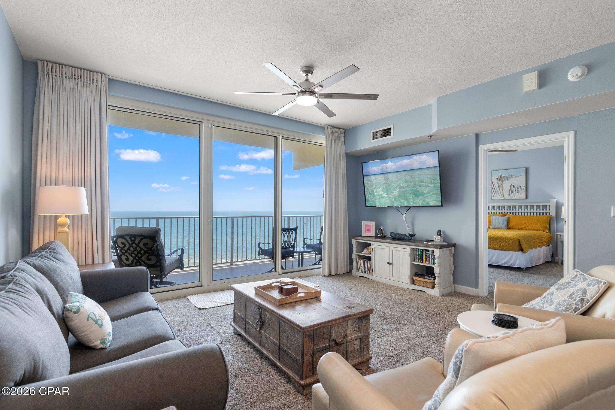 Excellent price for same floor parking unit! Most popular floorplan at Shores and these floorplans make very good revenue. 
Shores of Panama is a premier luxurious resort and one of the best ROI's on the beach! Highly coveted plan at Shores of Panama, with a double balcony and master bedroom facing the gulf! Mid floor and one of the best views in this building. This unit has a same floor deeded parking spot literally right in front of the door.  Stainless appliances, beautiful furniture and decor and completely turnkey.  
Shores of Panama is a 23 story Tuscany style condominium complex in the heart of PCB, and right next door to world famous Pineapple Willys restaurant. Shores of Panama has unbeatable amenities, including a massive gulf side pool and hot -tub, 2 tiki bars, indoor pool, garage parking, and a fitness center. 
Currently, Shores of Panama is undergoing a major exterior facelift, and will be so beautiful when complete, which will put your investment well ahead of the others in PCB. The new Florida Condo Requirements are fast approaching for other resorts in town, and Shores of Panama will be complete, ahead of the game, and ready to capitalize maximum profit. Once Shores facelift is complete, there will be no stopping it. It will be the premier place to be in PCB. The price tag on a beachfront superior unit like this will never be again. Don't miss this opportunity to capitalize on a ''buy now price''. Adding this to your portfolio will ensure years of ROI success. Rentals have continued to be strong during construction.