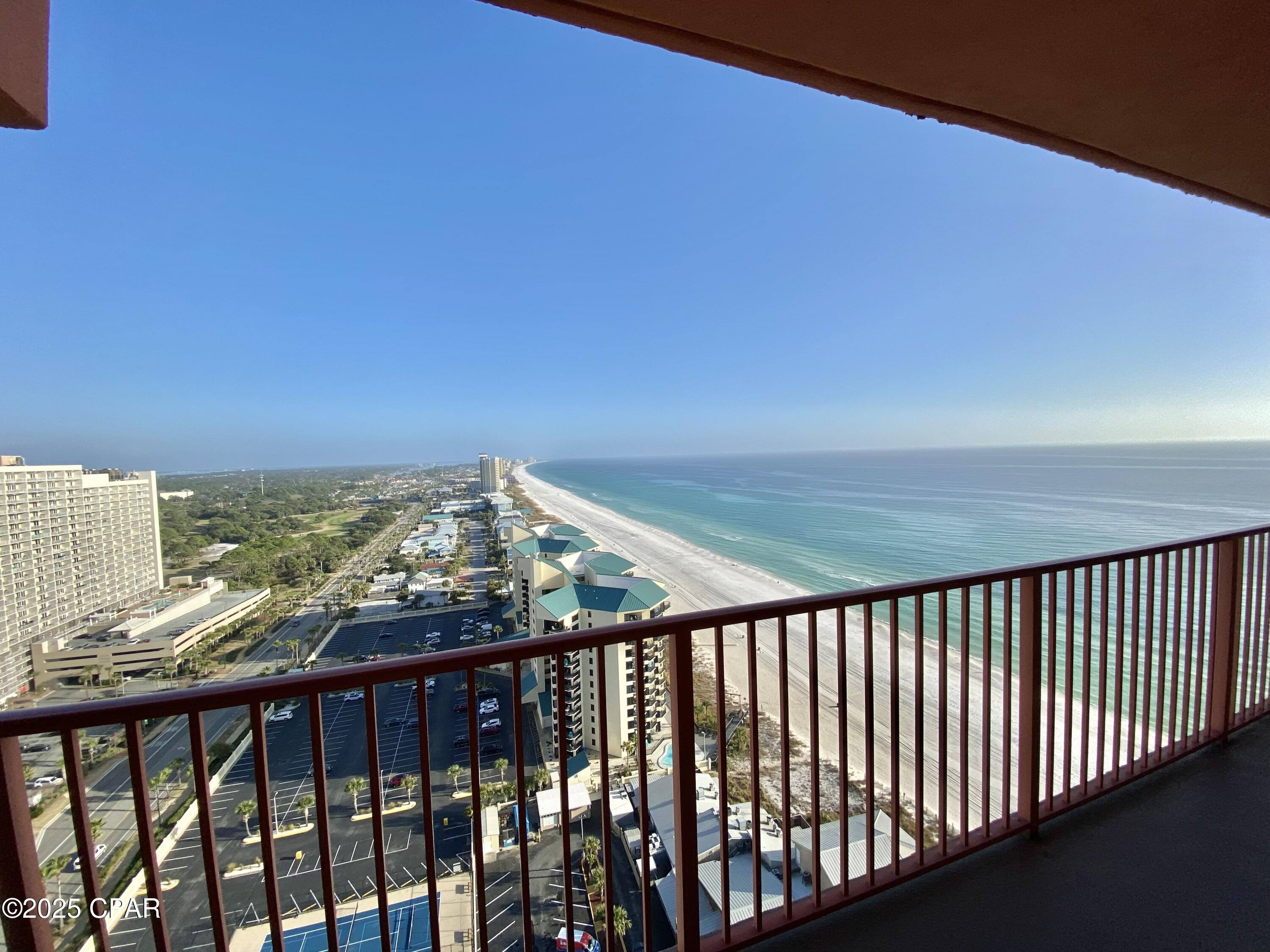 OWNER FINANCING AVAILABLE ASK FOR TERMS! The views from this 23rd floor condo are majestic! When you reach your front door, the eastern views pull you in. It's hard to go inside! Balcony views give you Westerly and South Gulf Views and fabulous views of the dynamic pool area. 
This Top Floor Penthouse unit sleeps 6 and has one full bedroom and bath, bunk room and bath, spacious living room/dining area and modern kitchen. Kitchen has granite countertops, stainless steel appliances, updated cabinets and is fully stocked for the upcoming rental season. Also comes Fully Furnished so turnkey ready to go! 
Lush Landscaping, Dolphin Fountains and pool space galore!  
Shores of Panama is a 23 story Tuscany style condominium. The complex offers amenities including around 500' feet of Gulf frontage, 14k square foot Gulf-side, zero entry gulf side pool, hot tub, heated indoor pool & hot tub, covered on-site parking garage, fitness center, two full-service bars serving lunch and dinner, beach events and rental services, high-speed internet access, and more!
Buyer and Buyers agent to verify all dimensions and anything deemed important.