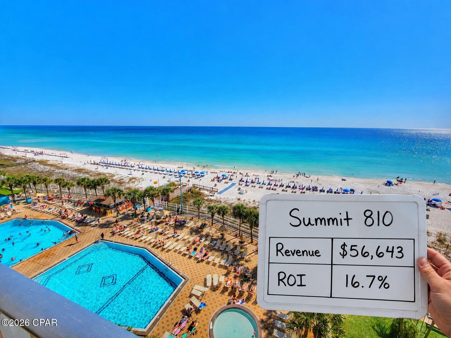 $56,643 in revenue July '25 to June '26: a 16.7% ROI on the asking price! A newly renovated, 8th-floor, direct-beachfront 1BR/2BA at The Summit that is also a proven cash machine. Wake up to unobstructed Gulf views from your private 8th-floor balcony, then cozy up by the electric fireplace after a day on the sand. The full renovation shows everywhere: a new white shaker kitchen with quartz counters, mosaic tile backsplash, and stainless appliances; updated baths with marble-look tile and quartz vanities; a new memory-foam king; and wood-look plank flooring throughout, finished with designer coastal touches like a sliding barn door and blue velvet accent chairs.

It sleeps five with the king, a queen sleeper sofa, and a built-in twin-over-twin bunk nook, and comes complete with an in-unit washer and dryer, two smart TVs, and a fully equipped kitchen, sold fully furnished and truly turnkey. It also sits right next to the booming new Tootsie's in the legendary former Spinnaker Beach Club, a fresh demand driver for the entire resort. The Summit offers two Gulf-front pools (one seasonally heated), children's pools, two outdoor and one indoor hot tub, his-and-hers saunas, a fitness center, tennis and pickleball, shuffleboard, a poolside tiki bar, the on-site Bar & Grill, and gated 24-hour security with direct private beach access. With established Airbnb and VRBO listings, years of five-star reviews, and a loyal repeat-guest base, the unit has a proven track record, and about 12% of its revenue already comes from direct and repeat bookings, well above the Panama City Beach market average.

As an added bonus, the seller's revenue consultant will personally assist the buyer in expanding the property's direct-booking strategy through modern AI, automation, and data-driven revenue management techniques. Full rent roll available to qualified buyers.