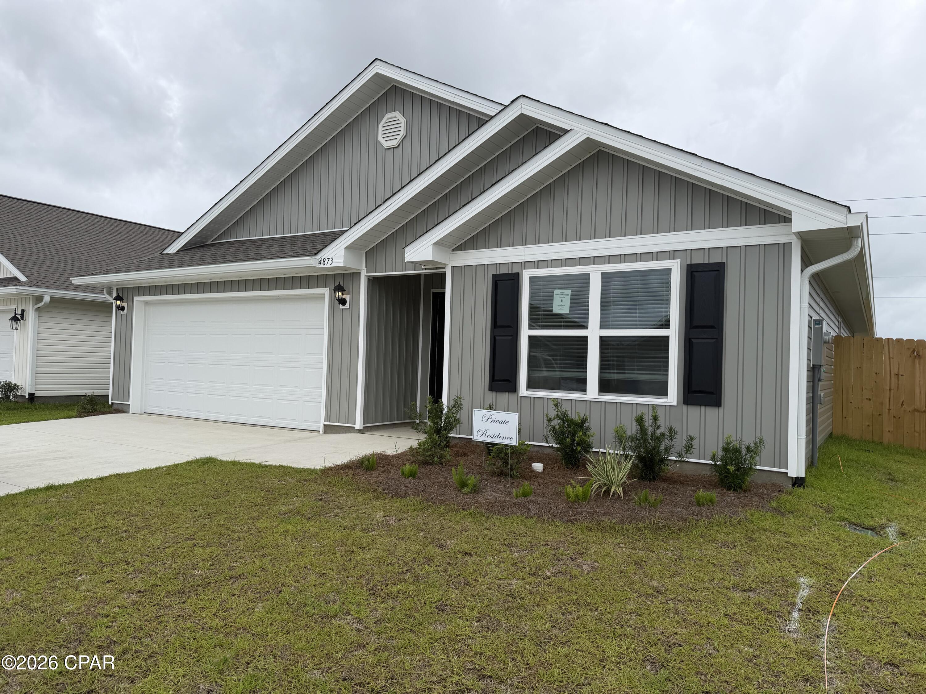Welcome to the Cali located at the peaceful Titus Park community in Panama City, Florida. The Cali is one of our popular one-story floor plans used in many communities across the country, making it an excellent choice for a new home. With this 4 bedroom, 2 bath home, you will see 1,799 square feet of spacious living perfect for a small family to enjoy comfortably.

As you walk inside the Cali, you will see the long main hallway leading you to the open living room and kitchen. The 8' ceilings throughout the home add to the feeling this of open, spacious floorplan. Engineered vinyl plank flooring throughout the main areas offer a sleek, low-maintenance way to keep your floors looking great while soft carpet in the bedrooms keep your feet cozy. The kitchen and bathrooms feature granite countertops and white cabinetry, a walk-in pantry, and a large island ideal for family and guests to enjoy your meals together. The primary bedroom has its own bathroom featuring a spacious walk-in closet, a double vanity, and a separate walk-in shower and tub. Each room in the house has large windows that allow plenty of natural light in to brighten your mood and home up.

On the exterior of the home, you will see beautiful vinyl on the front of the home. The Cali features a covered back patio and an open porch. Each home comes fully sodded and beautifully landscaped with 30-year dimensional shingles. Sidewalks line every street so you can enjoy the unbeatable Florida sunsets and sunrises on your walk with the kids or the dogs.

Our Titus Park community features underground utilities making it less susceptible to damage from severe weather leading to fewer outages and more reliable service. Residents of Titus Park can enjoy exclusive access to the newly built amenity center with a pool, BBQ pits and lounge chairs!

Today is the day to see why the Cali is one of our most popular floor plans. Contact us today to find your next home at Titus Park!