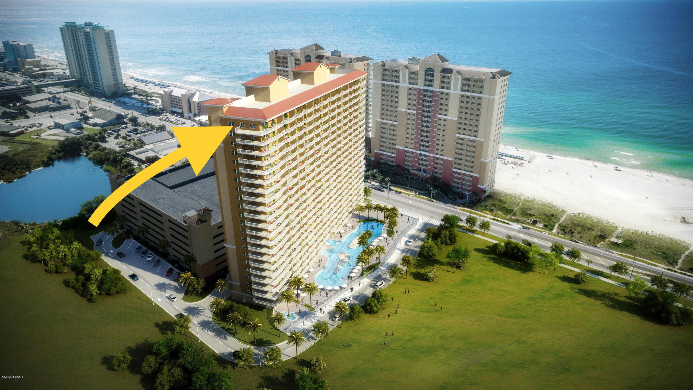 See PCB like never before! Premium Penthouse with 10 ft. Ceilings and the only Full Sun Balcony in the Complex. Massive Wrap Balcony overlooks the Eastern And Western Skyline including views of: The Beautiful Florida Coastline, Panama City Beach Pier, The Famous PCB SkyWheel, All of Pier Park, as well as West Bay. This unit will also give you a front row seat to some of the best fireworks shows on the coast. Never again in your lifetime will you find a unit this unique. The first new PCB condominium built in the last 10 years. The complex offers resort type zero entry pool, hot tub, 2 Tiki bars and a fabulous spa. Words can not give justice to this unit. If you are looking for a penthouse executive unit, come out and have a look for yourself. This is the nicest unit in the area..