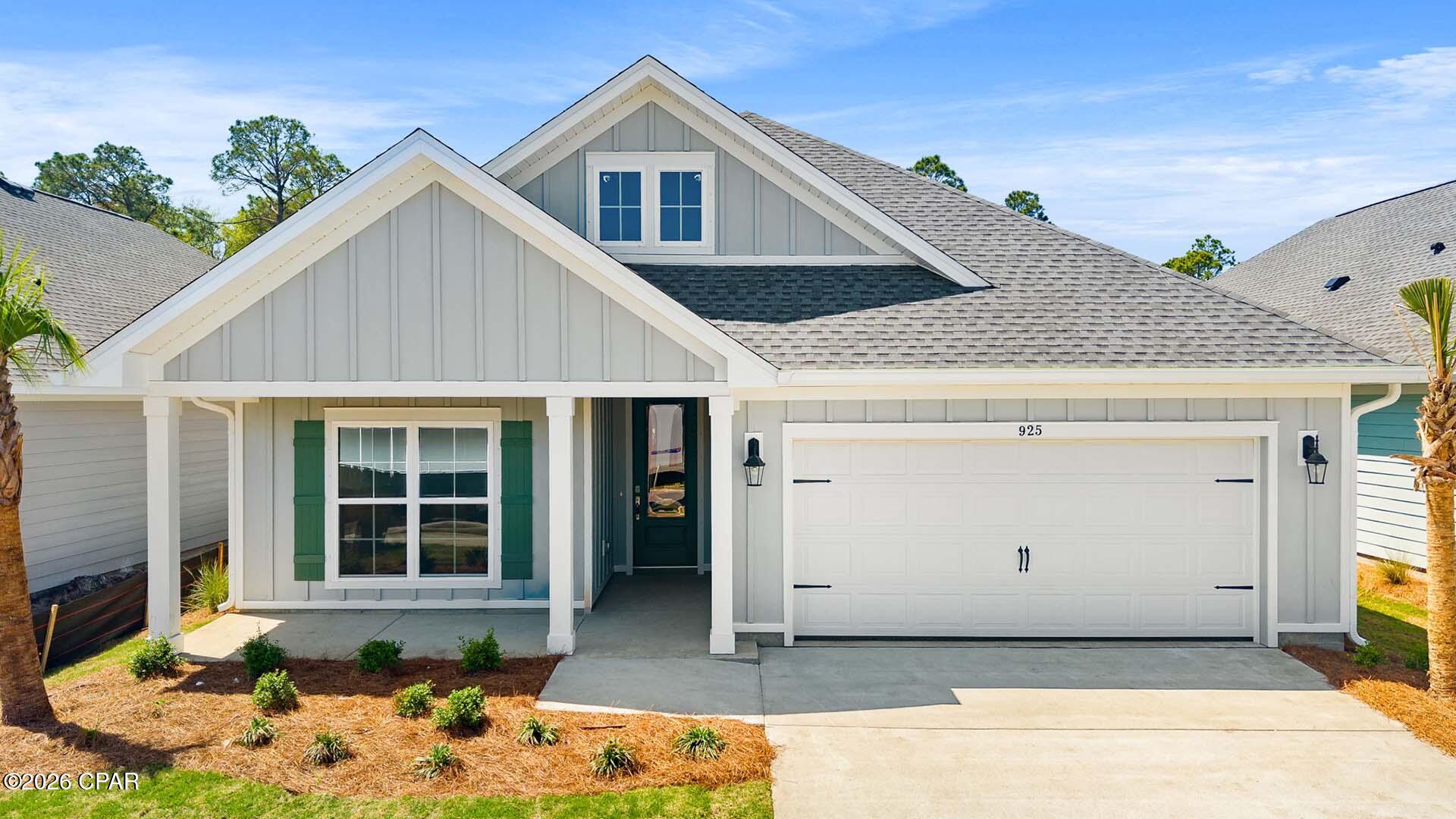 Welcome to 925 Crystal Bayou Boulevard, a new home at Breakfast Point East in Panama City Beach Florida. This home is ready for move in and features 2,300 square feet of naturally lit open living space and modern finishes. As you enter this home you will find a foyer with EVP flooring leading you past the first of three guest bedrooms and the guest bathroom.

Continuing to the heart of the home, a large open concept living area awaits filled with natural light from the many windows and high ceilings. The kitchen has a center island and is open to the dining and living areas. Elegantly appointed, it is designed with quartz countertops, Herringbone tile backsplash, EVP flooring, and a single basin undermount sink in the island. Just off the kitchen, you'll find a secluded hall leading to the primary bedroom. An exceptional feature of this home includes a gas cooktop stove.

Located in a private area of the home, this bedroom offers high ceilings and large windows. The luxurious primary bath is complete with an oversize tile shower, a dual sink vanity with quartz countertops, and a large walk-in closet with shelving. The laundry room is also conveniently located at the other end of the hallway. All three guest bedrooms can be found on the other side of the home along with the two full guest bathrooms.

Beyond the interior features and details, every home is equipped with Smart Home Technology. This thoughtful integration of technology ensures that your new home is perfectly designed to meet the demands of modern life. Call us today to schedule a tour of this beautiful home.