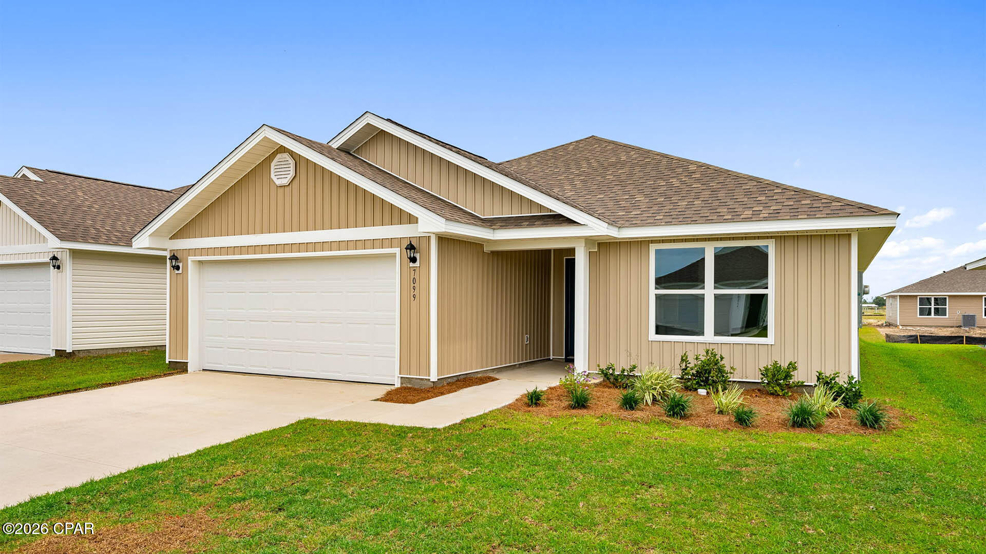 Welcome to the Lismore, a new home floor plan located at Liberty in Panama City, Florida. The Lismore is thoughtfully designed 3-bedroom, 2 bathroom, one-story home with 1.580 square feet of modern living. On the outside of your home, you will see durable vinyl siding, a spacious two-car garage with an opener and a fully sodded yard to the property lines. This home comes equipped with dimensional shingles with a limited lifetime warranty, electronic deadbolts on all exterior doors, weatherproof outlets, and hose bibs. Sidewalks line the neighborhood streets for you to enjoy the beautiful Florida weather at Liberty. Inside you will see 8' ceilings throughout, engineered vinyl plank flooring throughout the home and carpet in the bedrooms. The front bedrooms, bathroom, and garage are close to the front door and welcome you into an open living room and kitchen, perfect for having guests over. Granite countertops, white cabinetry with soft-close are in the kitchen and bathrooms, and the kitchen island make hosting or serving dinner at the bar a breeze. Complete with a pantry, and stainless-steel appliances including smooth top range, microwave, and dishwasher means your kitchen is fully equipped. The living room has plenty of windows for natural lighting and leads right to the back door. Each bedroom comes with soft carpet floors and spacious closets. The Primary Bedroom features a bathroom with a detached shower and double vanity with granite countertops. The walk-in closet is adjacent to the bathroom, meaning more space in your bedroom. As with all the homes in Liberty, your home is outfitted with the latest Smart Home technology allowing you to manage your home right from your phone, making your comfort easy and exceptional. Our Liberty community features underground utilities making it less susceptible to damage from severe weather leading to fewer outages and more reliable service. Residents of Liberty can enjoy exclusive access to two amenity centers, complete with two pools, a children's splash pad, two playgrounds for endless fun, a well-equipped gym, poker room, yoga room, two pickle ball courts, basketball court, and a well-equipped fitness center. Embrace the lifestyle you deserve where every detail is curated for your ultimate enjoyment.