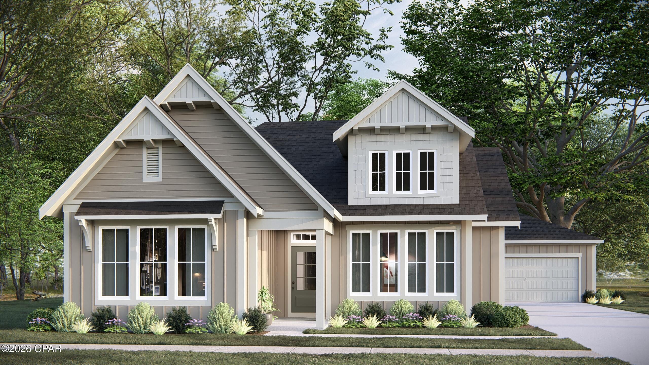This stunning Sheffield plan by Harris Doyle Homes will be completed this Summer in Breakfast Point East. This spacious home has 3 bedrooms with 2.5 baths (optional powder bath added) and is situated on a corner home site with conservation woods on one side, pond view in the front of the home and across from the community mailboxes. This  plan offers plenty of comfortable indoor and outdoor living space with a large Great Room and kitchen extending out to a covered lanai. The impressive round foyer will wow your guests. The primary suite features a large tile-to-ceiling shower and walk-in closet. Breakfast Point East is a walkable and golf-cart friendly community near the Gulf!  Estimated completion date of mid-end of August!