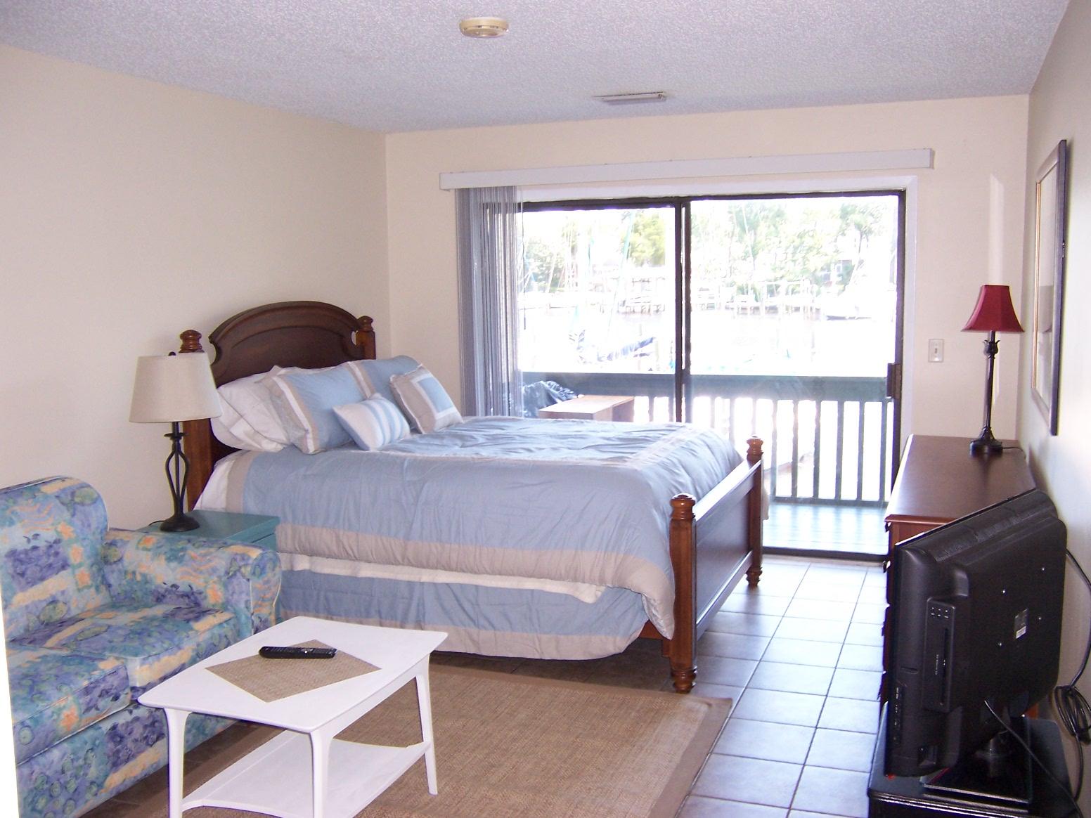 Great Efficiency Unit on the Water at the Bluewater Marina. Recently repainted and new furniture. Bedroom area, with two seat couch, Eat At bar with two chairs. New Microwave, apartment size refrigerator. Full Bath. Sliding door to Balcony to enjoy the view of the Marina. Utilities are NOT included in the rent. Tenant pays a flat fee of $63.00/month for water & electric. NON SMOKING UNIT. NO PETS ALLOWED.