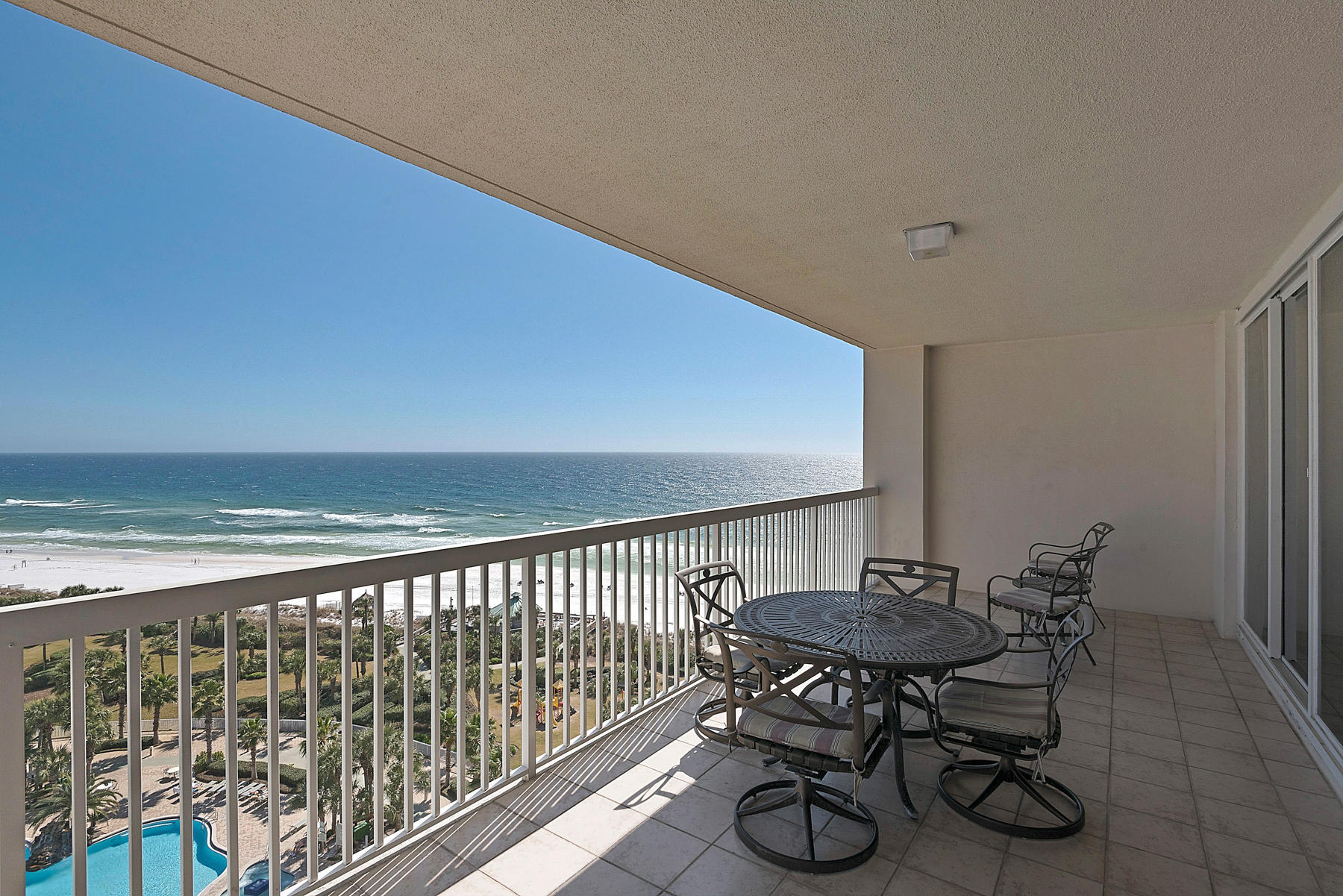 This 3 bedroom/3 bath east end corner unit has been totally renovated and is being sold fully furnished. A semi private elevator opens directly into the condo's foyer. Travertine flooring in the foyer, living/dining area, kitchen, hallways and baths with brand new wood look porcelain tile in each of the bedrooms. Kitchen has a breakfast bar as well as granite countertops and stainless steel appliances. The master bath offers double vanities, a Jacuzzi tub and a separate walk-in shower. There is a wraparound gulf front terrace with access from the living area and master bedroom providing spectacular views of the sugar white sand and emerald green waters of the Gulf of Mexico. A second terrace shared by both guest bedrooms, looks over the resort to the... Choctawhatchee Bay. In addition, there is a large laundry room with separate back entrance for access to the trash chute and service elevators. All utilities, including electricity, cable TV and wireless Internet are included in the condo association fees. St. Maarten is gulf front with a beautiful lobby, deeded garage parking and climate controlled storage space. The Silver Shells Resort is located on 27+ acres and the amenities include: gated and guarded entry 24 hours per day, a lagoon pool with kiddie pool and spa, an additional indoor/outdoor heated pool and spa, lots of beautifully landscaped green space with children's playground, 4 tennis courts, separate cardio and weight rooms, basketball court, European Day Spa, Ruth's Chris Steak House and the Sand Bar on the beach. Top it all off with over 1000 feet of sugar white sand beach and the emerald green water of the Gulf of Mexico and you are truly in paradise!
