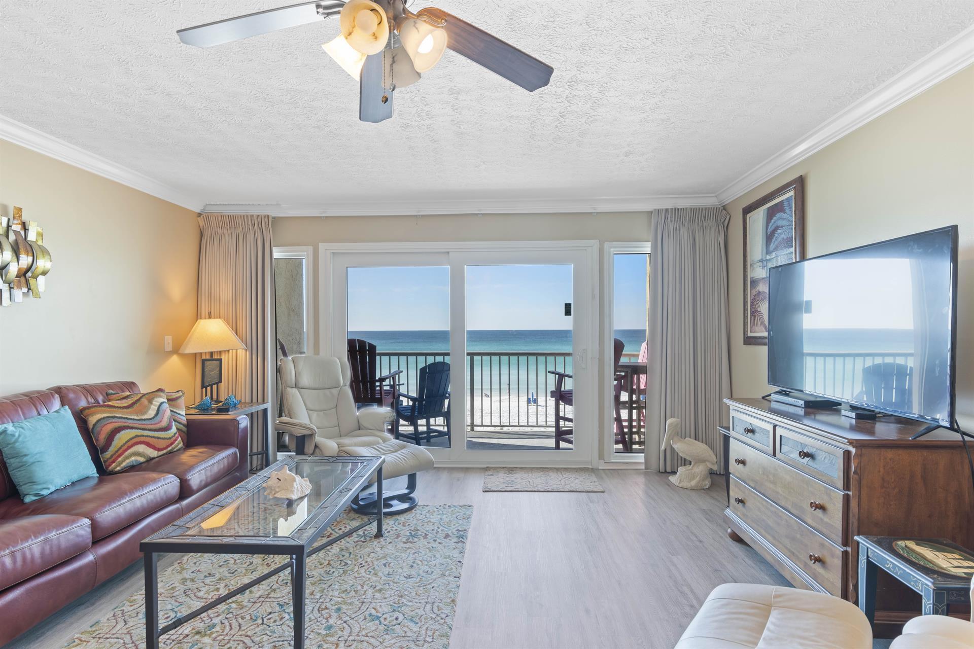 Destin Seafarer is a low-rise 3-story building, located directly on the beach in the heart of Destin. A two bedroom fully equipped unit, with a king-size bed in the master bedroom, a king-size bed in the downstairs bedroom, full-size kitchen, and two full baths. This unit is located on the 2nd floor with a breathtaking view of the beach, with 3 balconies. 2 beachfront balconies & 1 balcony on the northside off the master bathroom. This is a gorgeous condo! Upstairs bathroom has been beautifully remodeled as you can see in the pictures. This condo is a wonderful opportunity for someone desiring a beach vacation home with good rental income history. Come take a look you won't be disappointed. On-site rental management company has over 30 years experience in the property management business