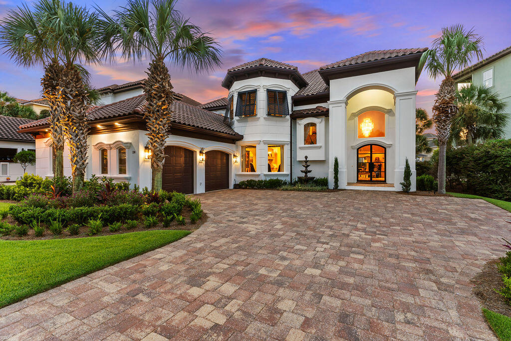 Exquisite turn-key Mediterranean style beach home located in the gated community of Destiny East. This home comes fully furnished, including all window treatments, bedding, kitchenware, and a 2017 6-seater Golf Cart. View the virtual video to appreciate the owner's attention to every beautiful detail and recent upgrades. The first floor features a bright living space with a fireplace, a game room, a dining room, a gourmet kitchen, a bar, and a guest bedroom with a full bath.All rooms boast high ceilings and custom millwork. The large gourmet kitchen includes granite countertops, breakfast bar, a Viking refrigerator, and quality appliances. A private pool is accessible off the living area. The second level offers the primary suite with an elegant primary bath, a fireplace, a sitting area, two walk-in closets, and a doorway to the second-level balcony. Additionally, three spacious guest bedrooms, each with private baths, are located on this level. These rooms also feature beautiful finishes, custom millwork, and high tray ceilings. Home has been used as a second home.  The second-level balcony is easily accessible by guests. Destiny East is a gated community with two access points: north off Hwy 98 and south off Scenic Hwy 98. The community is convenient to the Destin Airport, championship golf courses, restaurants, shopping, minutes to The Commons and Grand Boulevard. The best part ~ White Sand Beaches of Destin! Buyer to verify all dimensions.
