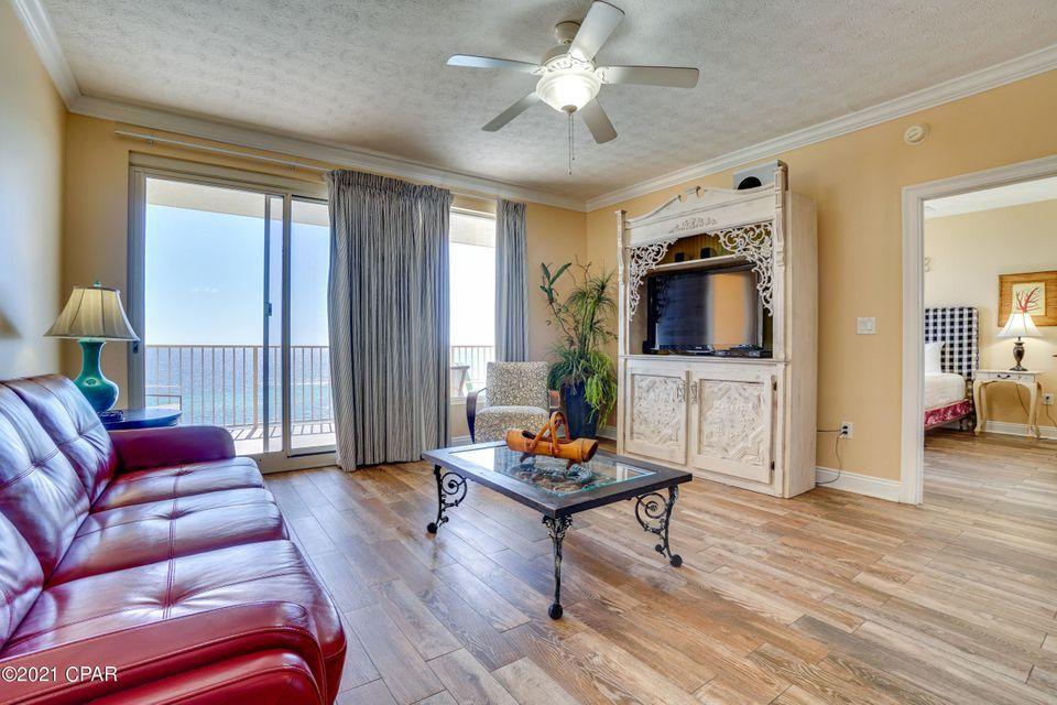 : If you are looking for a one of a kind property and a terrific investment look no further! This highly sought After, 2 Bed/2 Bath condo on the 8th floor of
Treasure Island and has one of the BEST VIEWS on Panama City Beach! Enjoy sunrise views in the morning and Sunset views in the evening! The layout of this
over-sized condo's interior is superb for entertaining, offering 10' ceilings through-out and an excess of space and features!! Very well maintained. Hard surface
flooring throughout