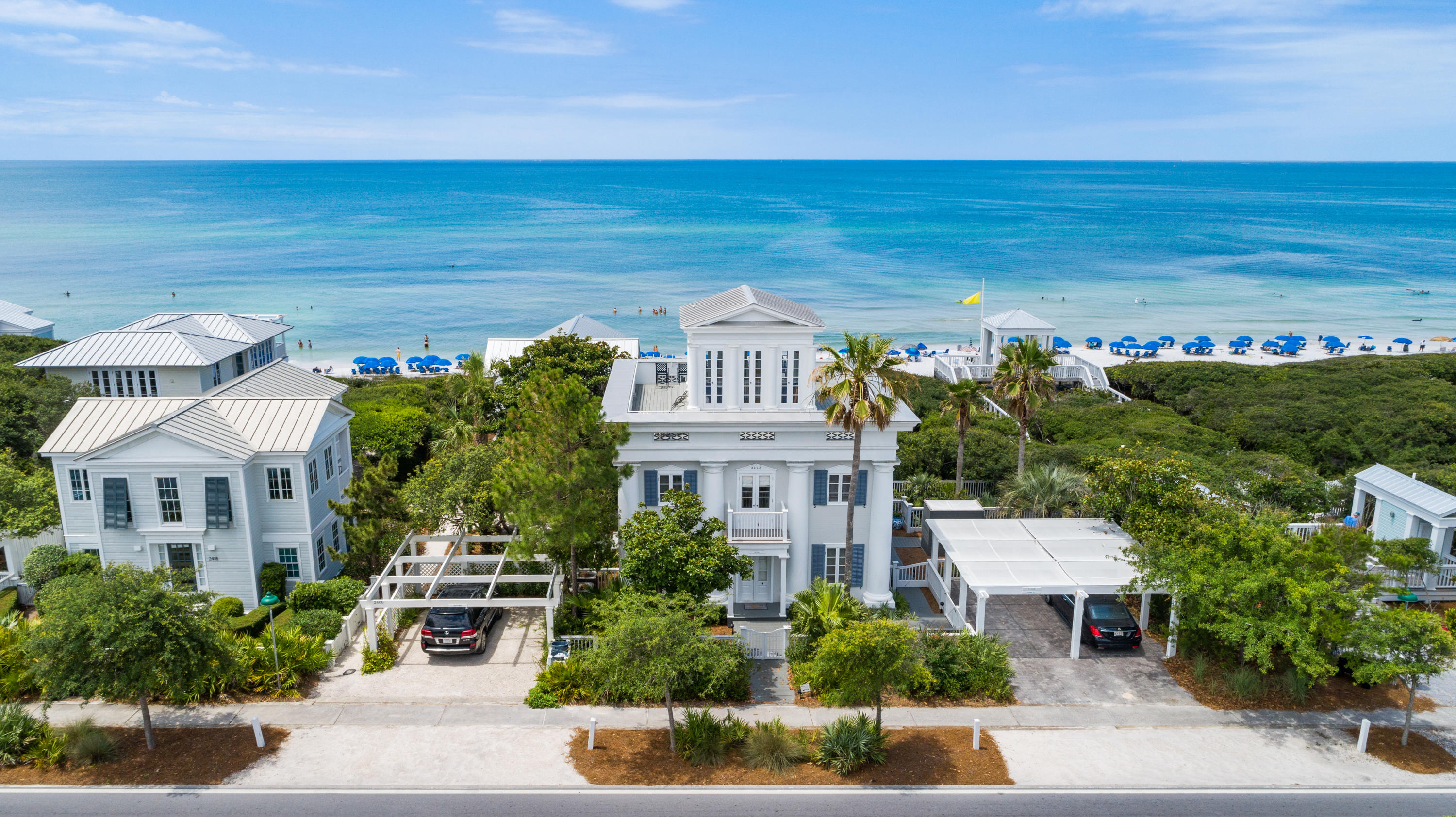 Enjoy unobstructed views of the Gulf of Mexico from this charming beach front home located in Seaside, FL! Property conveys with adjacent deed restricted beach front parcel, ensuring forever gulf views and privacy. This wonderful coastal residence has 3 bedrooms, 3 baths and a tower with a wrap around porch that has views of both the beach and the town of Seaside. The 2nd floor living area is spacious, yet cozy and features a beautiful spiral staircase and amazing gulf views! Features include Greek Revival architecture, V-grove wall accenting throughout, hardwood floors, crown molding, built in bookcases, large porches on all 3 floors, an outdoor shower and quick access to the adjacent beach Pavillon! Amazing opportunity to own a charming gulf front home is Seaside, FL! You'll appreciate the wonderful location of this very special beach home, which is conveniently located near town center!