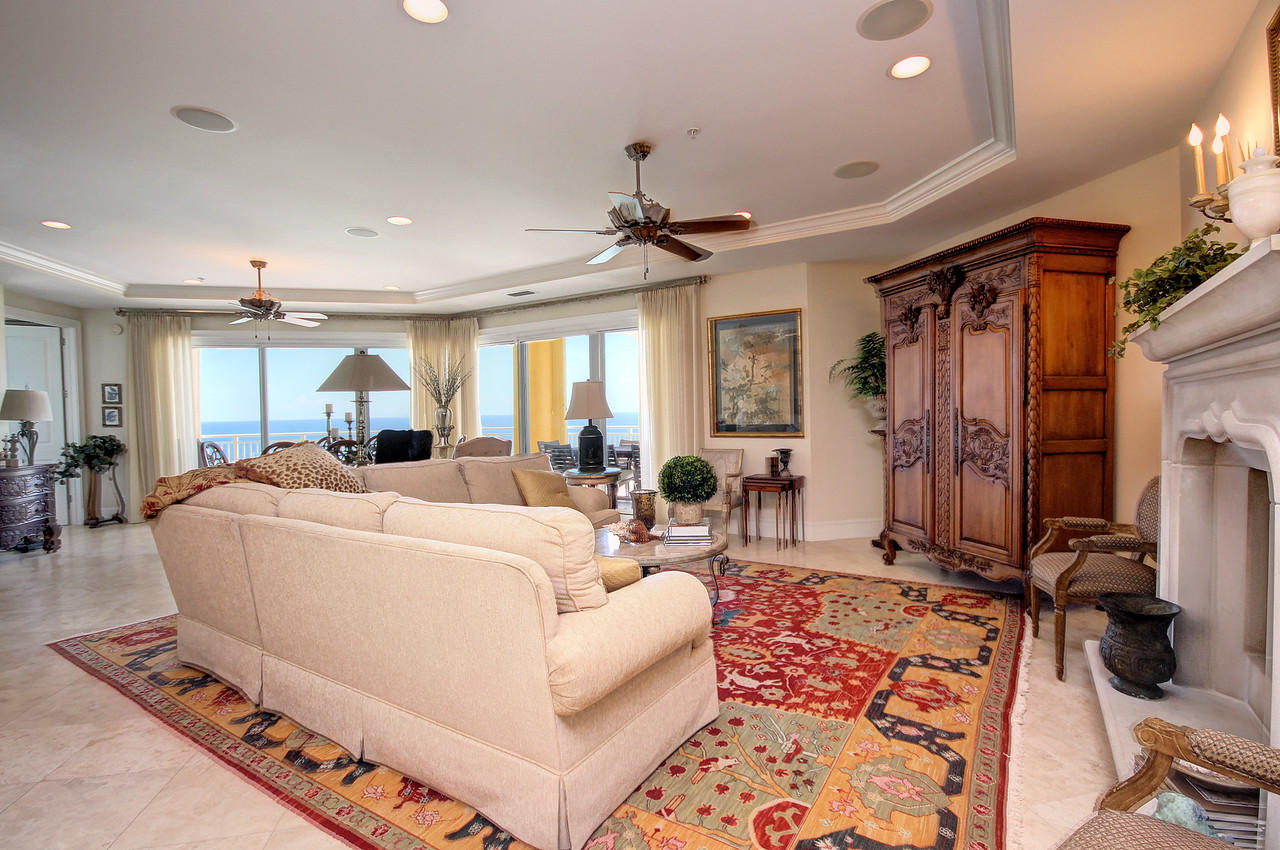 This gorgeous unit in Grand Dunes Resort is located in the grandest of all floor plans, the ''10'' stack of the South Tower. Nestled romantically on the 9th floor of the residential villas. This is the only stack of units in the South Tower with 180 degree views of the Gulf of Mexico and a private elevator. Boasting a huge 3,150 sq. ft. of living space, it's like having a Gulf Front Home without the maintenance! This gorgeous unit is designed perfectly for the ultimate in entertainment. Loaded with upgrades and features from the Custom climate controlled wine cellar, Custom mantle surrounding the natural gas fireplace, 'Premium' stainless steel appliance package with 5 burner natural gas cook top, seamless glass shower with travertine surrounds, utility sink with cabinets in laundry, granite countertops and vanities, soft-close drawers in kitchens and baths, can lighting throughout, custom cabinetry, custom window treatments, travertine flooring in foyer, hallways, kitchen, laundry and baths. The Master bath of this gorgeous unit has a 2 person jetted tub with travertine surround, separate shower with dual heads, dual granite vanities, separate water closet. To enhance your outdoor experience, 460 sq ft wrap around Gulf front balcony, complete with a built in stainless steel natural gas grill, all protected by "Hurricane Shutters". Grand Dunes offers; "Super Quite" Interior pre-wired for the latest security and audio / visual entertainment, secured gated entry, 24 hour security, gated private underground parking for owners, 2 overflow suites for your guests, high speed semi-private elevators, private heated pool and hot tub, Gulf Front Lagoon pool with Hot Tub, Beach Service, lush landscaping and 200' of private deeded beach! You must come view this gorgeous unit in Grand Dunes the "Emerald Coast's Premier Gulf Front Development"!
