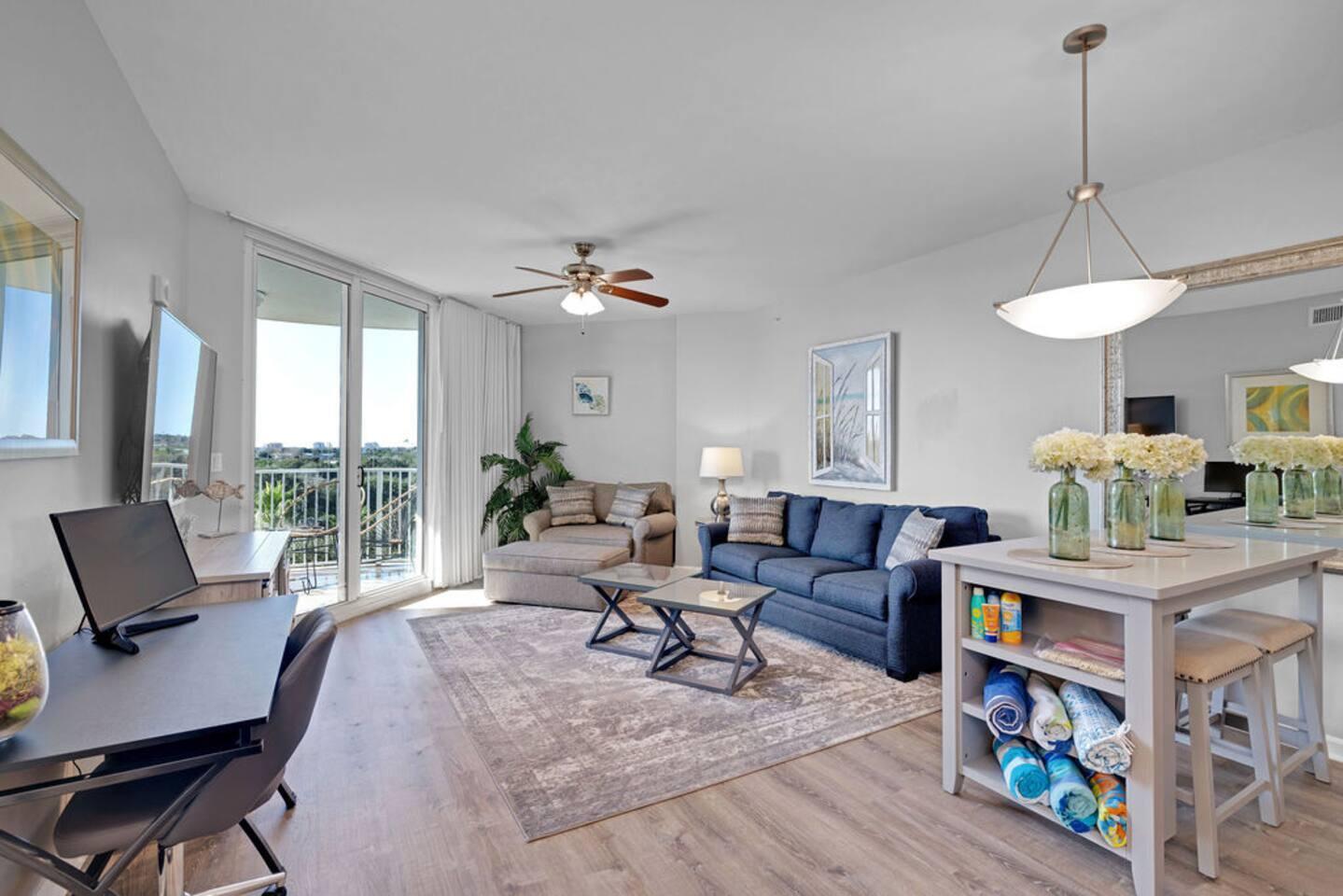 Beautifully renovated 6th-floor westward facing condo at The Palms of Destin—fully furnished, turn-key, and ready to continue generating rental income. This 2-bedroom, 2-bath layout has been thoughtfully updated throughout. Get the most out of your investment with an HVAC only 1 yr old, Washer and Dryer 3 yrs old; Vinyl planking 3 yrs old & Hot Water Tank 2 yrs old.  With living room furniture only two years old and a queen sleeper w/upgraded mattress this unit needs nothing and is ready to go. Owners will enjoy a custom built owner's closet for additional storage space. The Palms offers an on-site restaurant, coffee bar, and seasonal beach shuttle service. The HOA covers all utilities, including electricity, water, trash, Wi-Fi, and cable—making ownership simple and predictable.