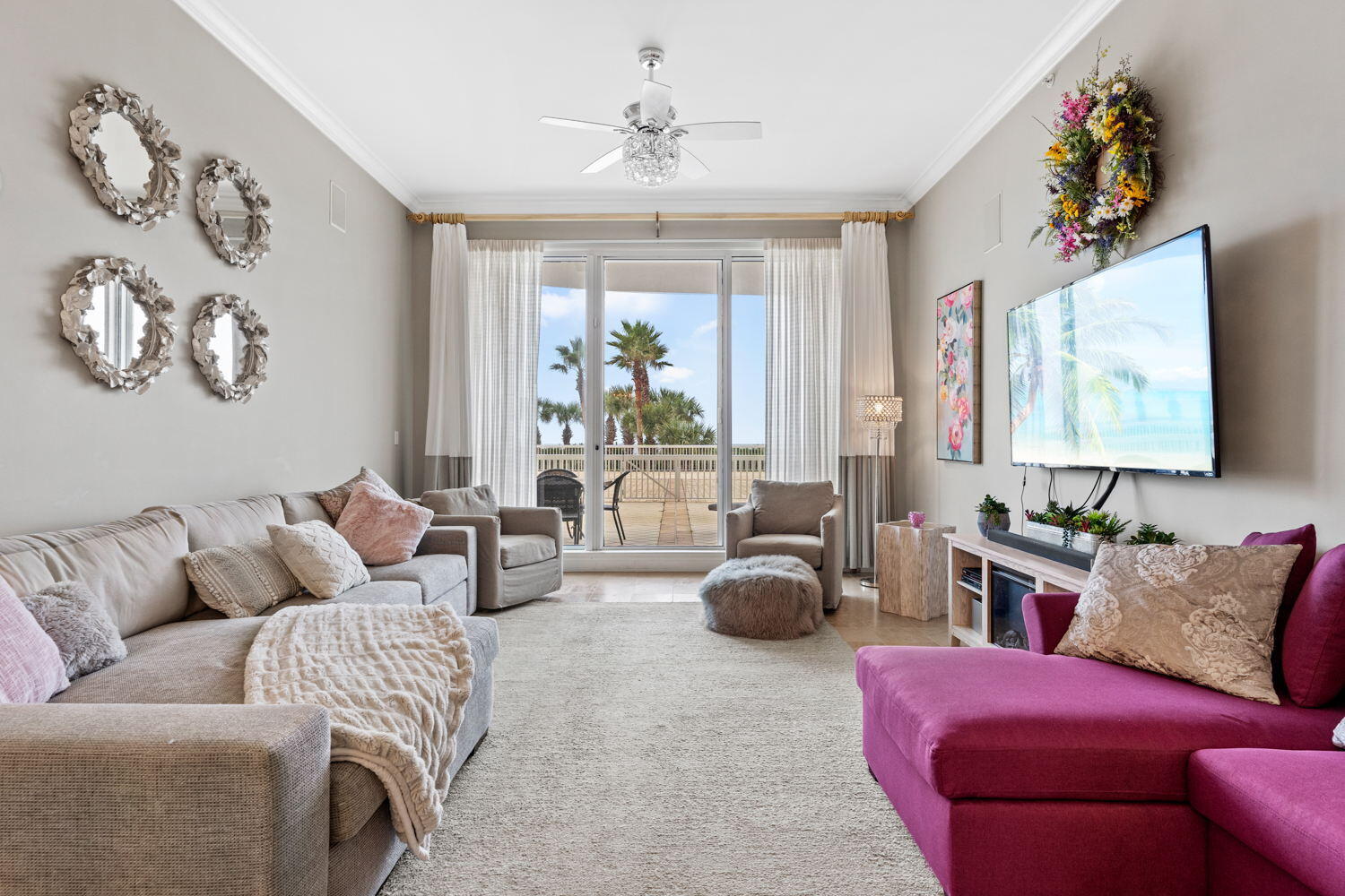 This elegantly designed condominium comes fully furnished with 3 bedrooms, 3 bathrooms, and an additional set of bunkbeds. The unit includes 12' ceilings, multiple chandeliers, and a spacious layout that makes the perfect setting to host family and friends for entertainment. Unit 203 also boasts a large private lanai with beautiful Gulf views for you to sit out and enjoy the gorgeous sunsets across the emerald green water. In the mornings you can enjoy a nice peaceful walk along the infamous white sandy beaches of Destin.  This unit has it's own private garage and storage space. As a first-floor unit no elevators or stairs are required, making this unit compatible for grocery trips, beach supplies, and simplified directions for guests. St. Thomas is a private owners-only building so no short-term rentals are allowed & you have complete privacy. 
Silver Shells Resort provides every amenity imaginable including the on-site famous Ruth's Chris Restuarant, a 24 hour gated and guarded entrance, patio grills, picnic area and a huge lagoon pool. St. Thomas is located within the Silver Shells Beach Resort with approximately 30 acres of prime Gulf front property with 1000 feet of world renowned beaches which also includes the Sand Bar right on the beach serving food and drinks in season. This is the property in paradise you have been looking for.