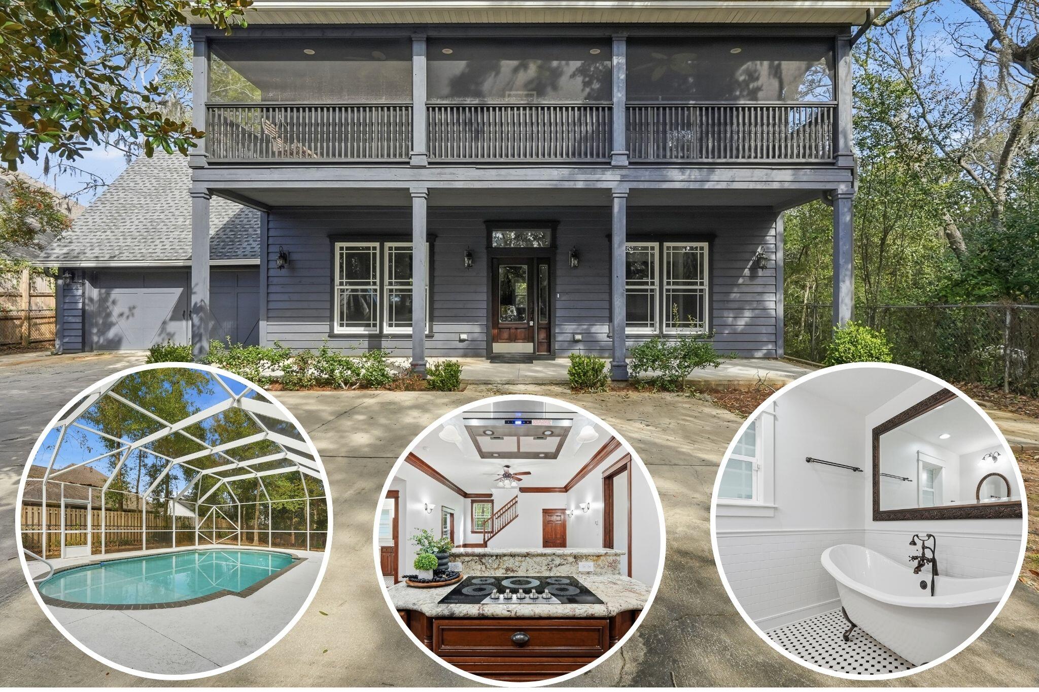 Timeless Southern charm meets modern refresh in this stunning 4-bedroom, 3-bath home offering 2,454 square feet of beautifully updated living space. From the moment you arrive, the expansive covered front porch and full-length upper balcony set the tone for relaxed coastal living. Inside, rich wood trim, custom millwork, and oversized windows create a warm yet refined atmosphere, enhanced by fresh interior paint, new flooring, and updated fixtures throughout. The thoughtfully designed layout offers generous living spaces ideal for both everyday comfort and entertaining. Step outside to enjoy the in ground pool with lanai. Perfect for morning coffee or evening gatherings. This move-in-ready home blends classic craftsmanship w/ modern appeal in a setting that feels both private & inviting.