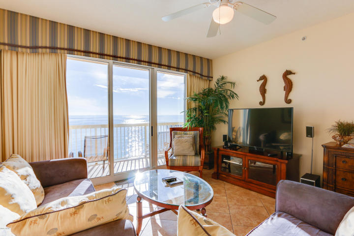 Raising the standard of beach living, this unit's very spacious, open, and airy interior marries coastal design with chic beach living. The nicely decorated unit is in great condition and will convey fully furnished and rental ready. Unit features nine-foot ceilings, hard surface flooring in living area, recessed lighting, & granite counters in the bathrooms and kitchen. The unit's large balcony is accessed from the living area and master bedroom and allows for spectacular ocean and pool views from the living area, kitchen and master suite. This rare find offers the best of living with all the comforts of home. The Caribbean styled Calypso Resort features amenities that include: 2 heated pools overlooking the Gulf, beach side Tiki Bar, impressive fitness area, community center,