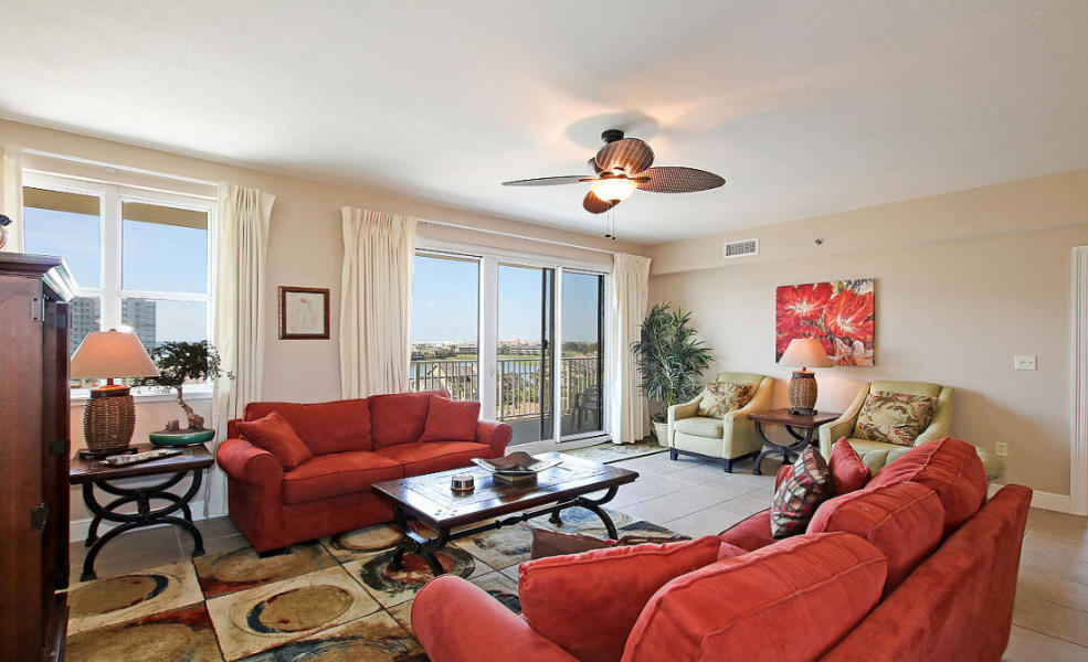 Enjoy beautiful gulf, bay and lake views from the balcony of this 6th floor east end residence located in Seascape Resort. It has a large open floor plan. It feels very spacious due to the large windows in the living and dining areas. The living room, kitchen and dining area have tiled floors. The bedrooms have new carpet. It has been recently painted. The kitchen has granite counter tops and stainless steel appliances. The master bedroom has gulf view and lake views with access to the large balcony. The master bath has a double vanity, separate walk-in shower and garden tub. Second bedroom has balcony with bay and golf course views. This would make a great primary residence, second home or investment property. Seascape Resort a beautiful large beach where you can enjoy lunch on the beach.  It also has gated entrances, 18 hole golf course, tennis courts and pools. The Seascape Towne Centre offers restaurants, fun activities and shopping.  All dimensions and information herein is deemed reliable, but should be verified by buyer.